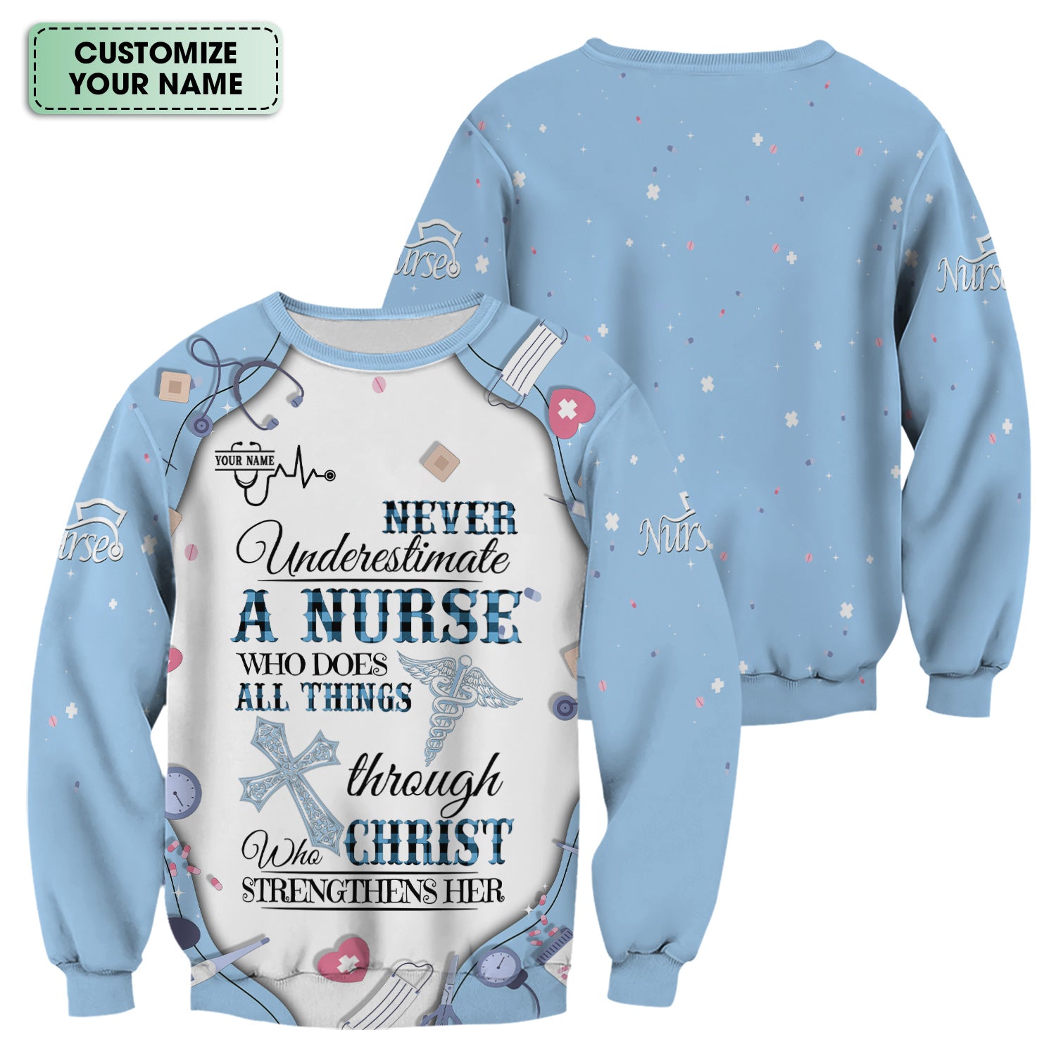 Personalized Nursing Faith Scrub for Women - Bible Verse All Things Through Christ - Religious Gift for Healthcare Professionals RN LPN CNA