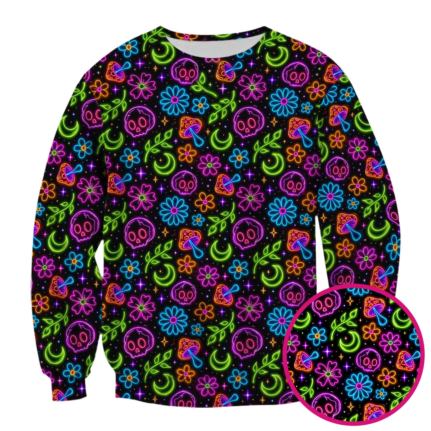 Neon Skull Mushroom Floral Scrub Top, Colorful Gothic Nurse Scrubs Uniform
