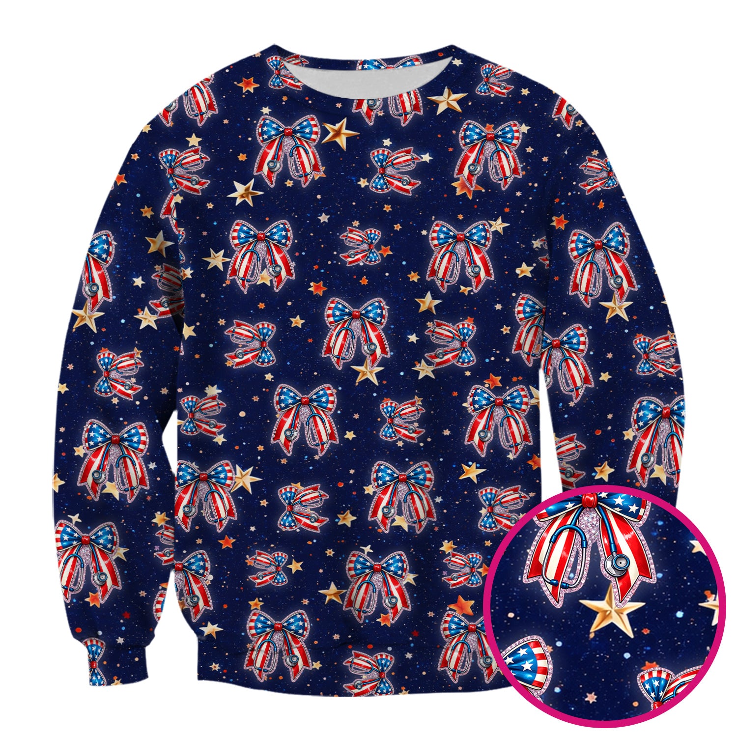 Patriotic Bow Star Print Nurse Scrub Top, Breathable Fabrics Nursing Uniform