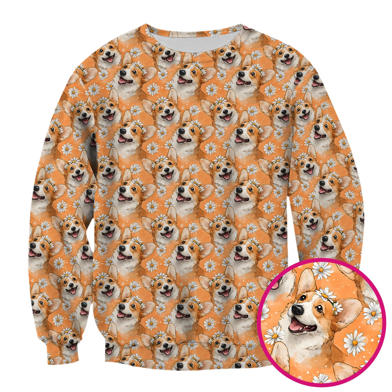 Happy Corgi Daisy Floral Pattern Orange Scrub Top, Breathable Fabrics Nursing Uniform