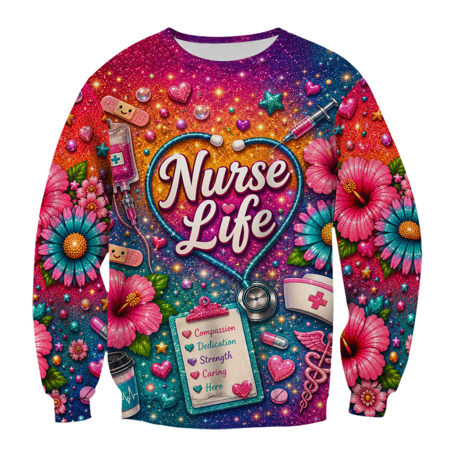 Colorful Nurse Life Heart Pattern Scrub Top, Comfortable Scrubs for Nurses