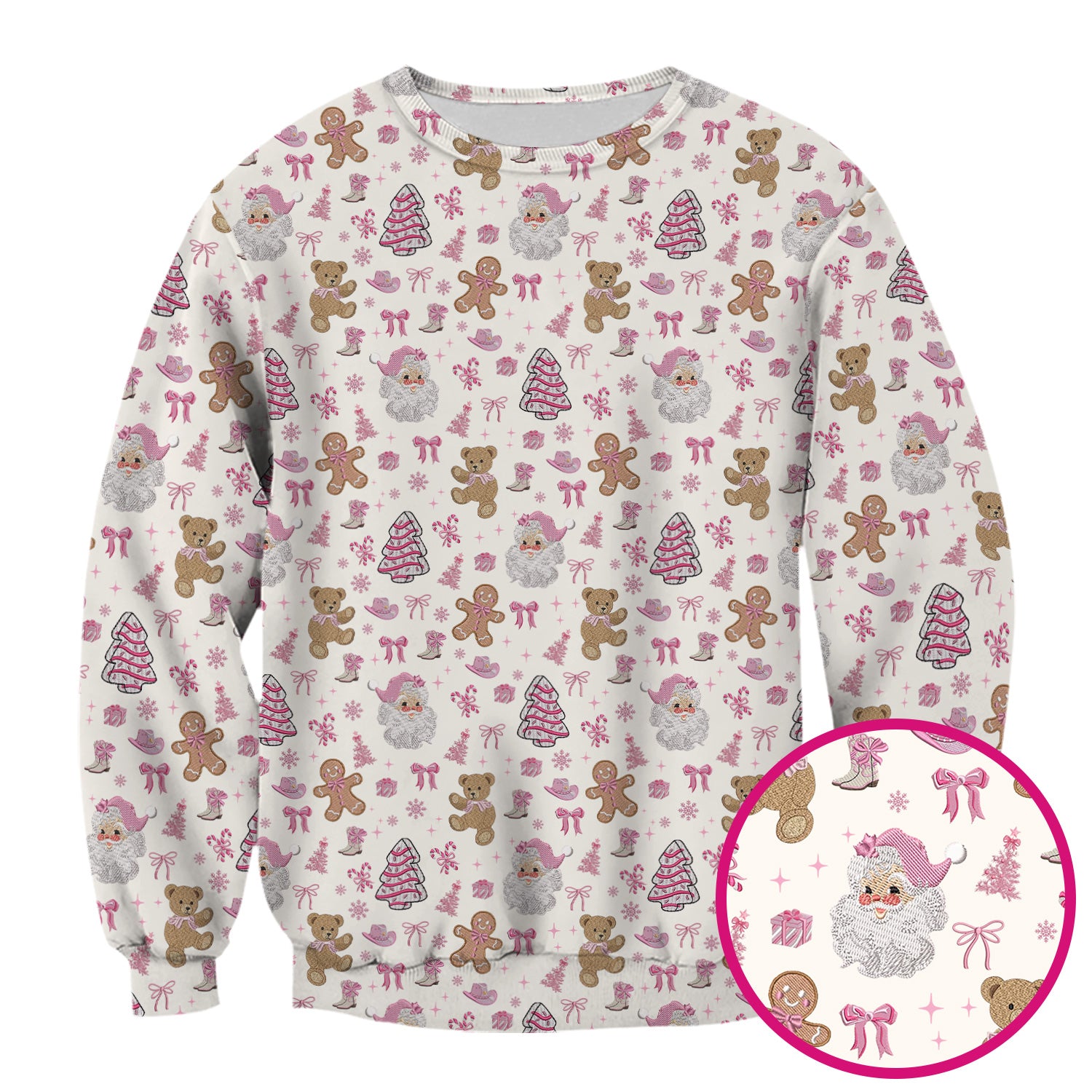 Pink Christmas Santa Gingerbread Scrub Top, Cute Holiday Medical Pattern Shirt, Breathable Fabrics Nursing Uniform