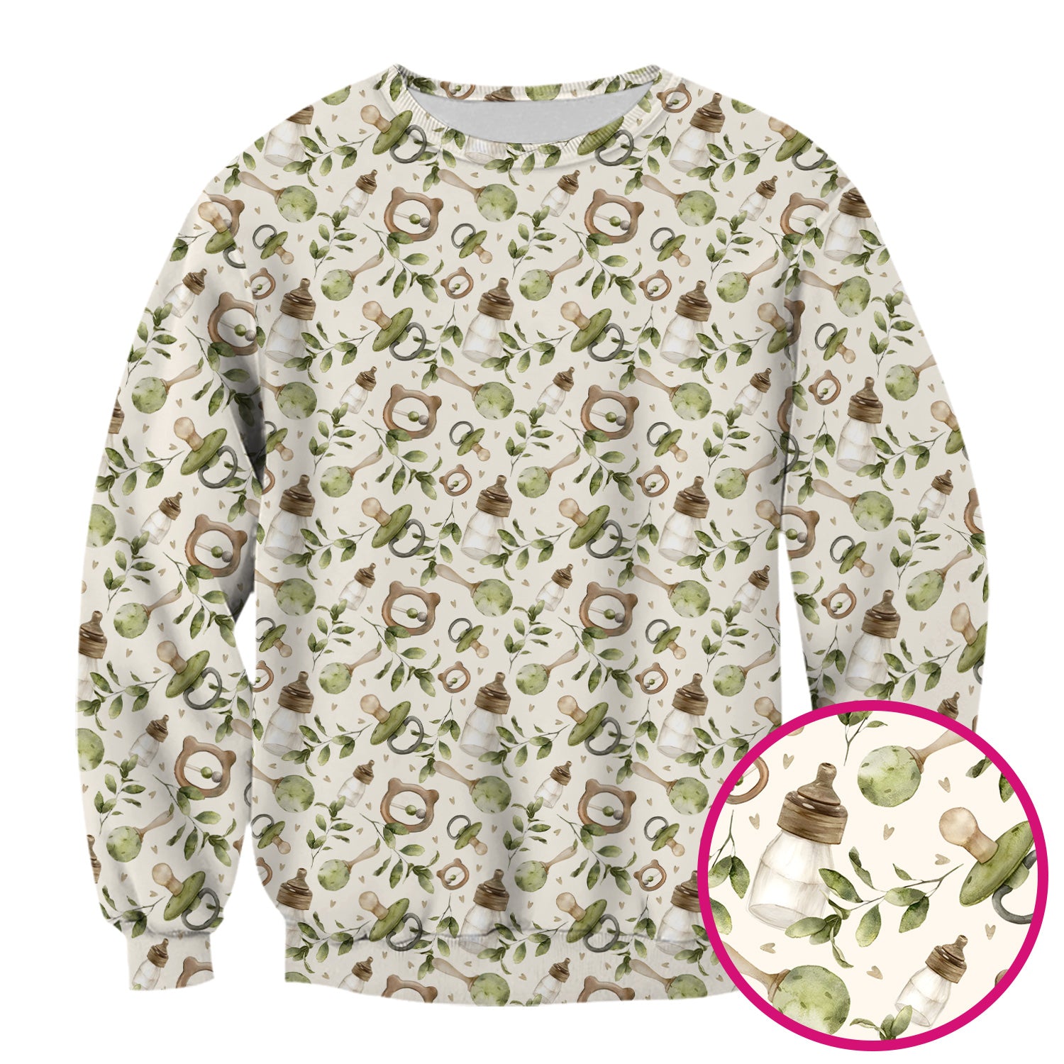 Cute Baby Bottle and Greenery Pattern Scrub Top, Breathable Fabrics Nursing Uniform