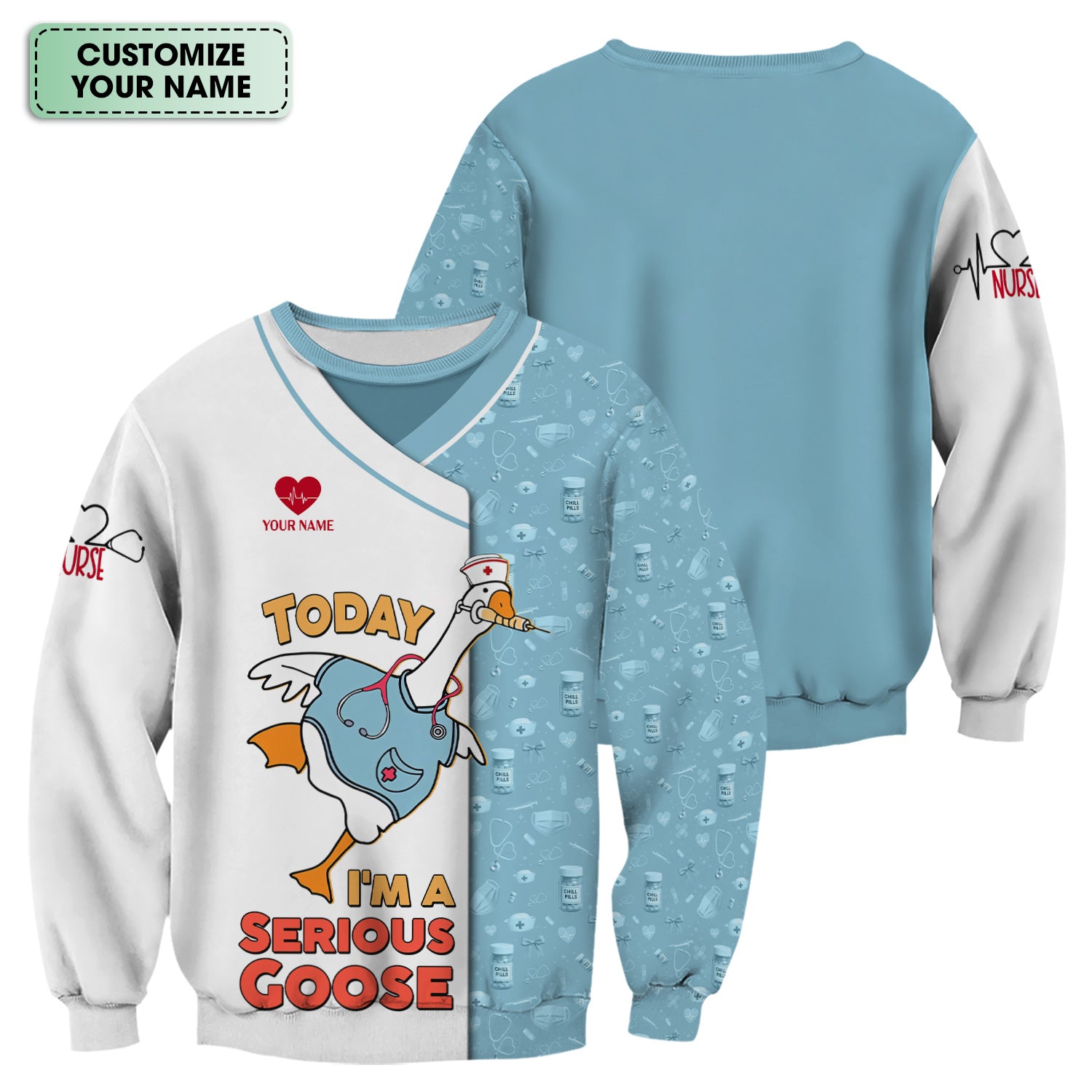 Personalized Goose Nurse T-Shirt for Women - Silly Medical Icons Design - Custom Name Gift for Healthcare Workers & Medical Staff
