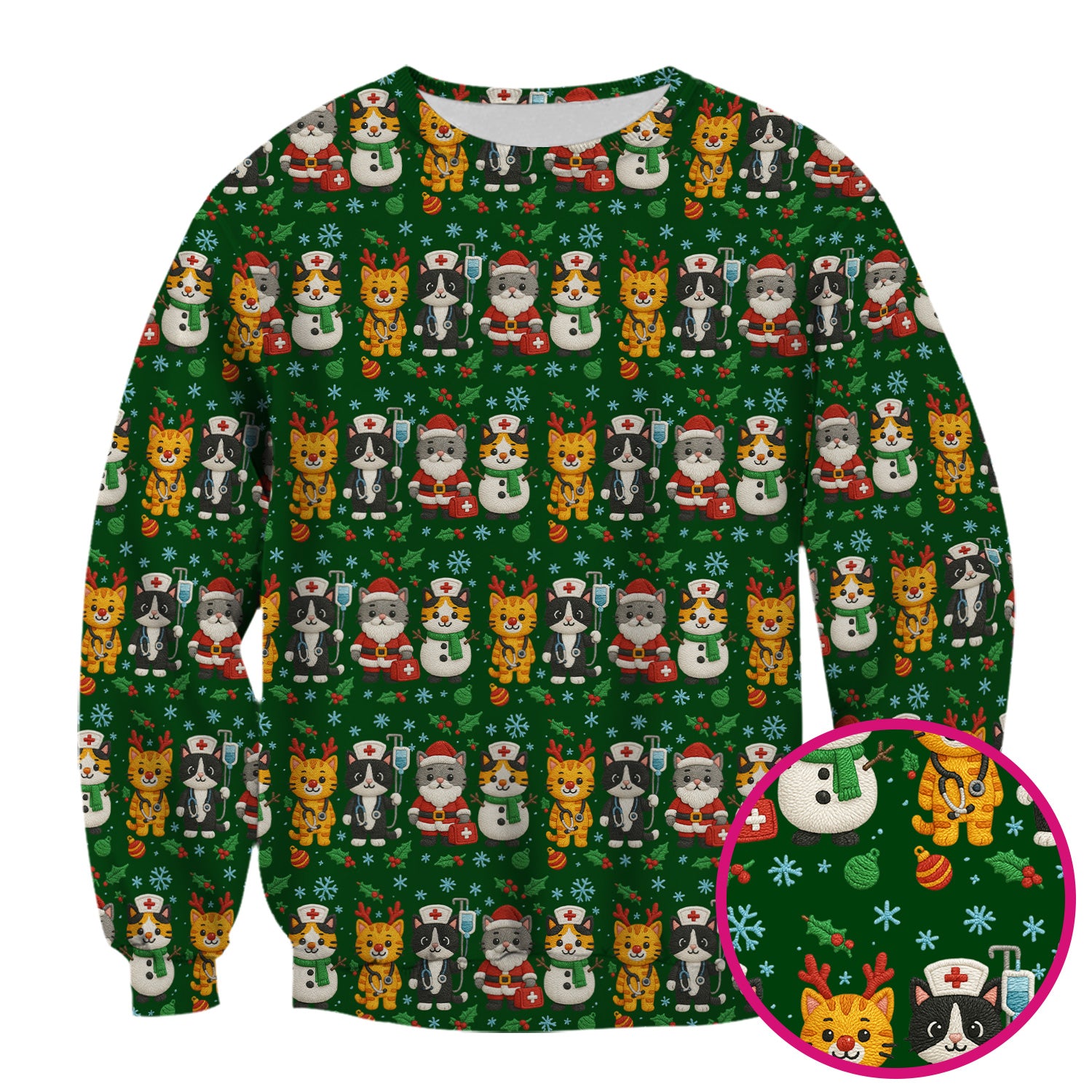 Christmas Cat Nurse Pattern Scrub Top, Cute Holiday Kitty Medical Uniform Shirt For Nursing