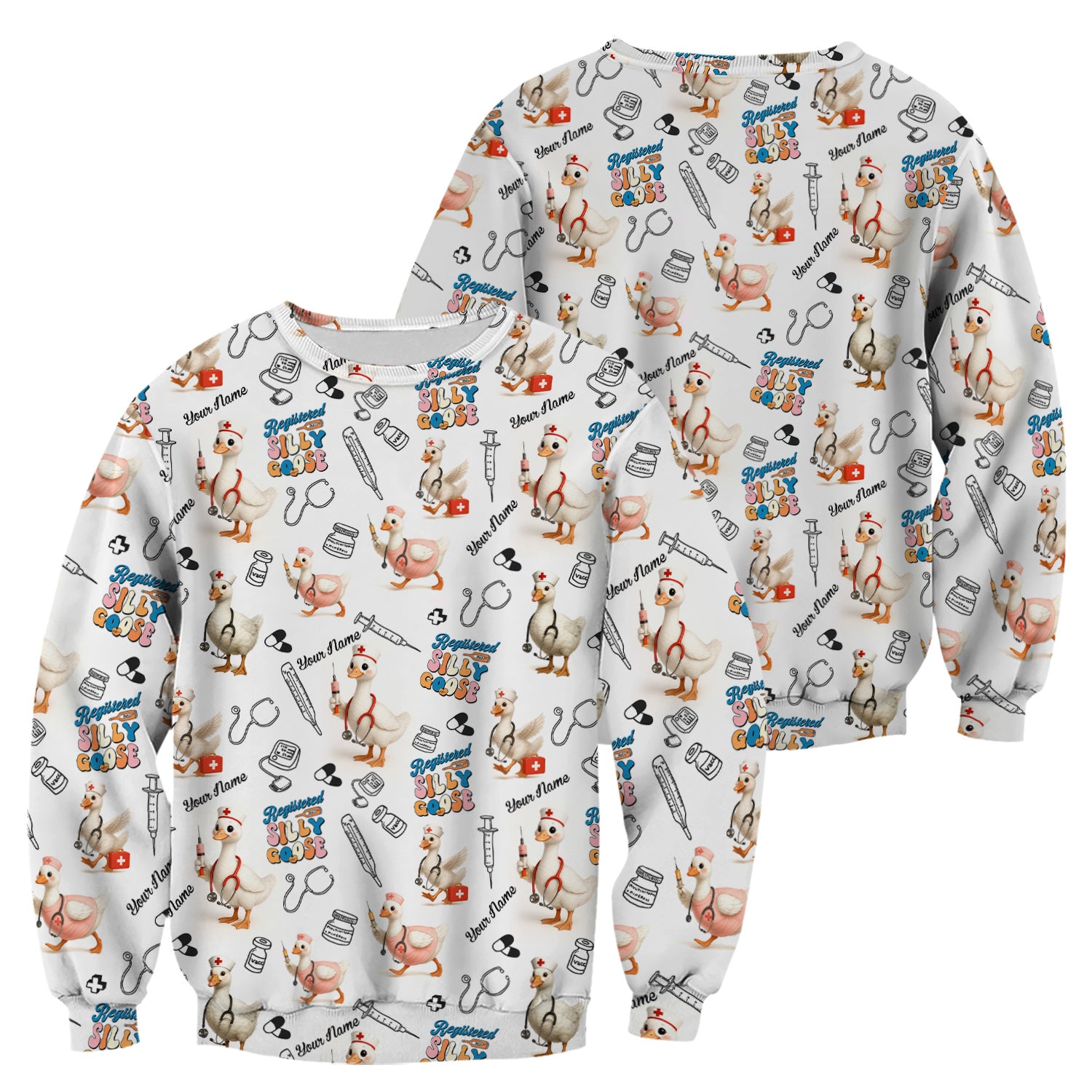 Funny Silly Goose Nurse Scrub Top Personalized Name - Cute Custom Uniform for RN LPN CNA - White V Neck Shirt for Women in Healthcare