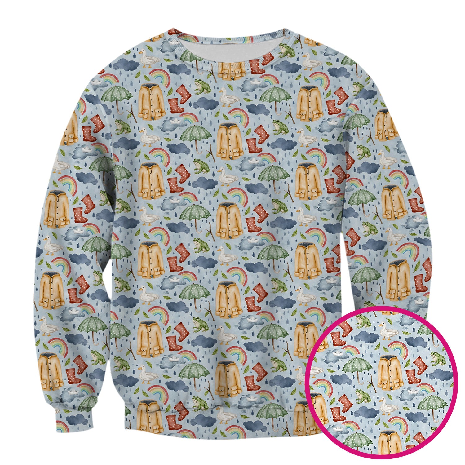 Cute Rainy Day Ducks & Frog Rainbow Pattern Scrub Top, Colorful Gothic Nurse Scrubs Uniform