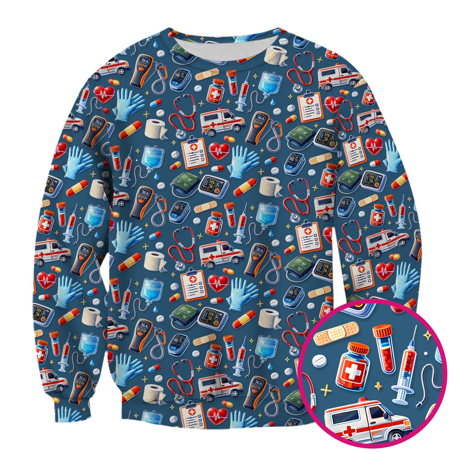 Medical Tools Pattern Ambulance Stethoscope Scrub Top, Comfortable Scrubs for Nurses