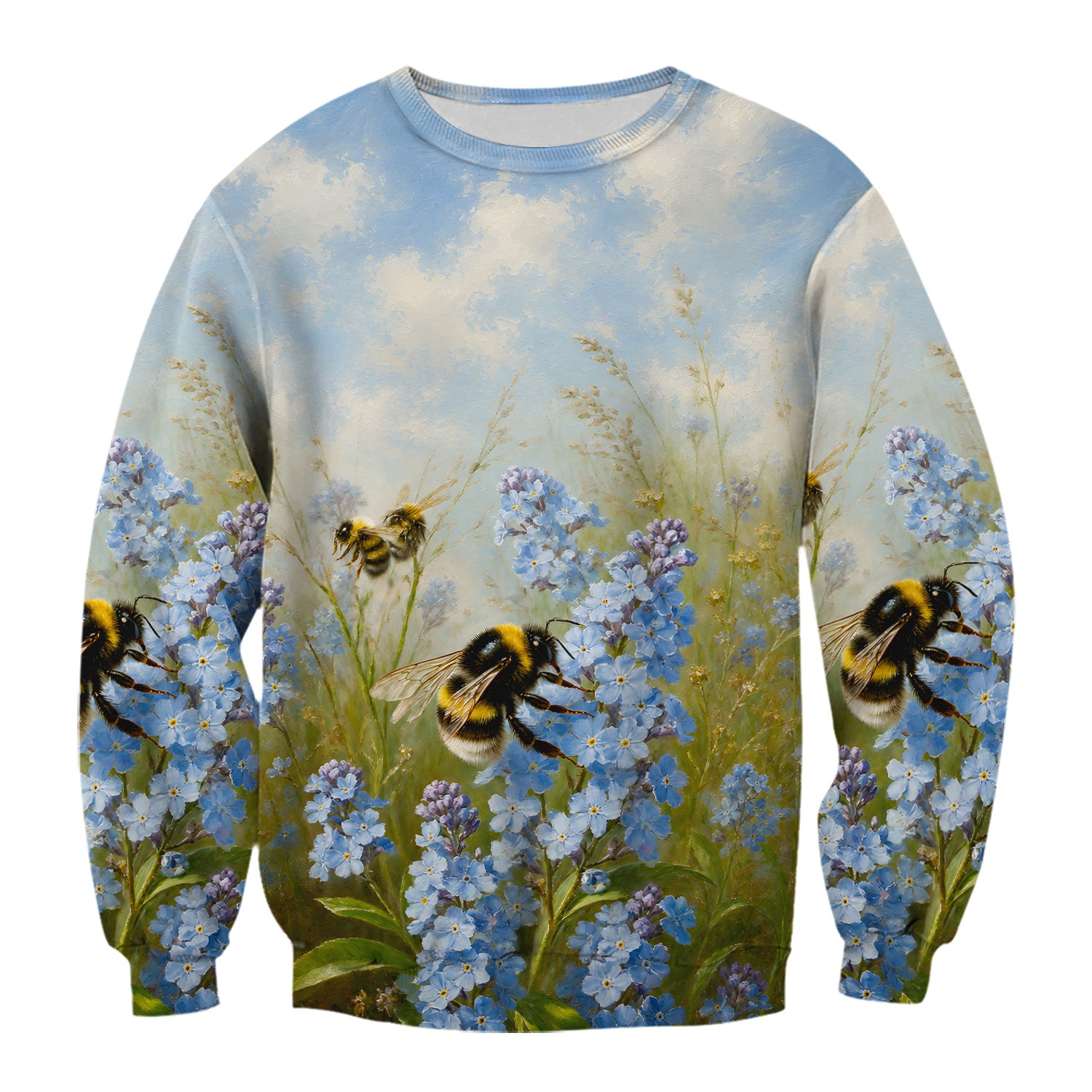Whimsical Bumblebee Blue Blossom Pattern Scrub Top, Comfortable Scrubs for Nurses