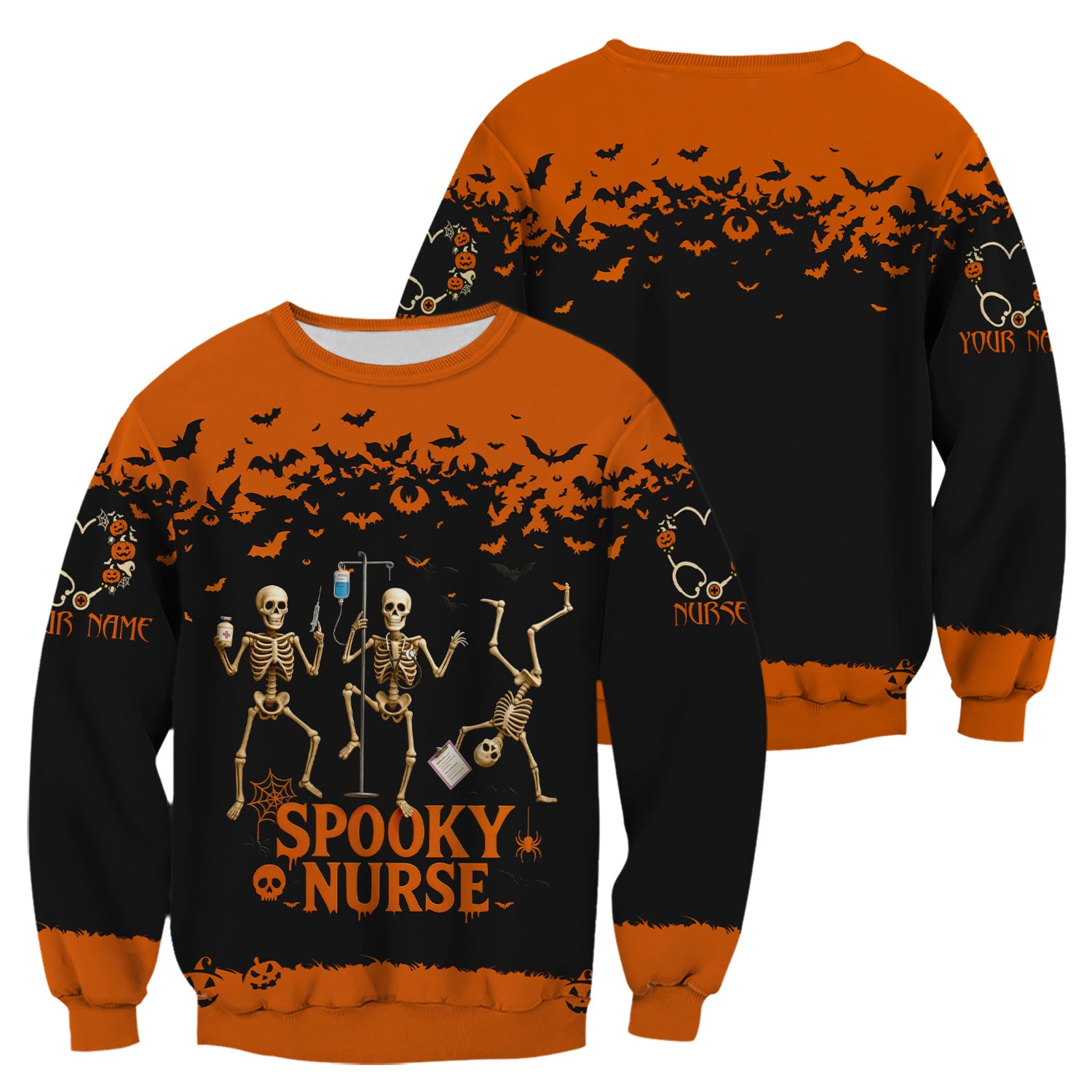 Spooky Nurse Halloween Shirt - Funny Skeleton Medical Scrub Top for RN CNA - Custom Name All Over Print Gift for Nurses