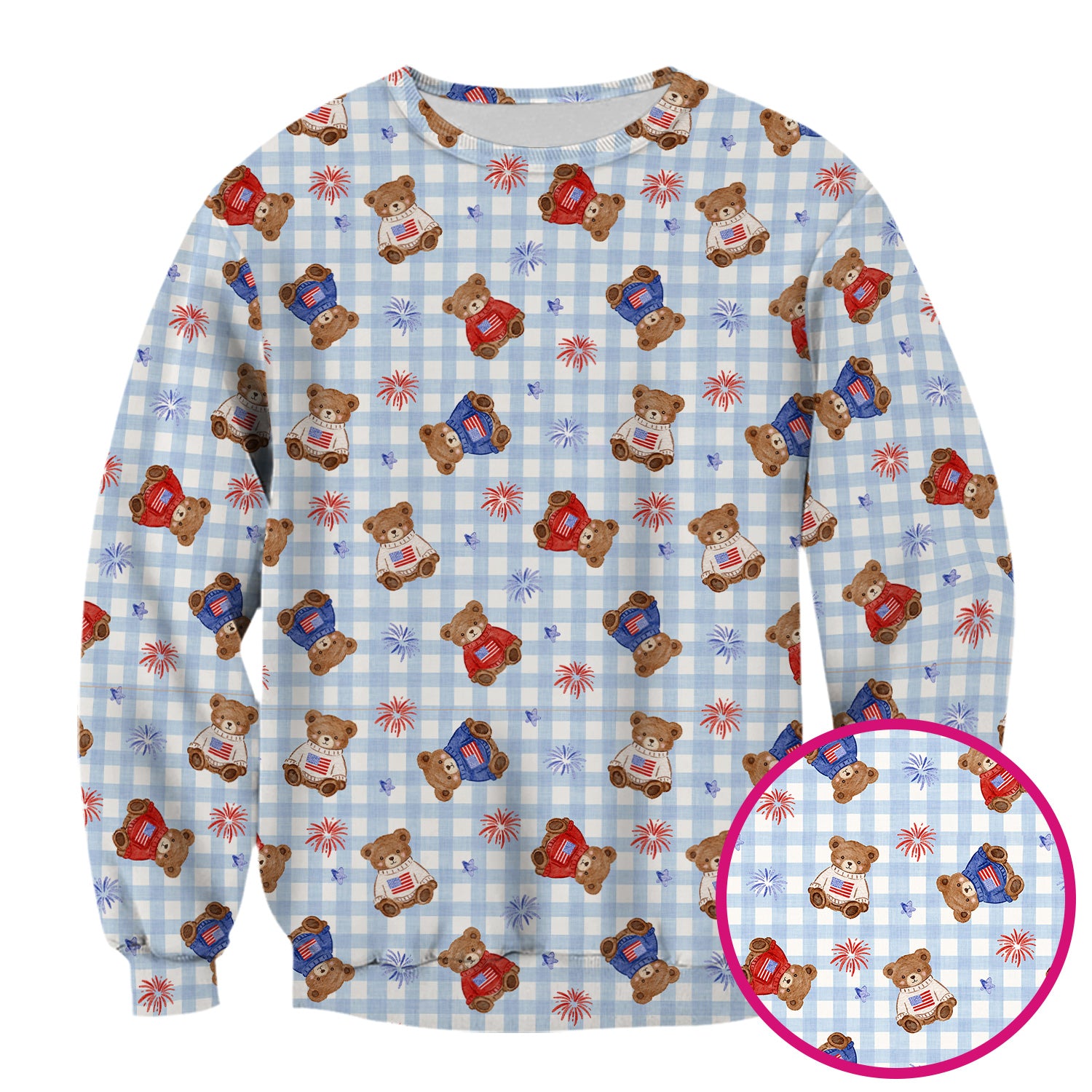 Cute Patriotic Teddy Bear Firework Gingham Pattern Scrub Top, Comfortable Scrubs for Nurses