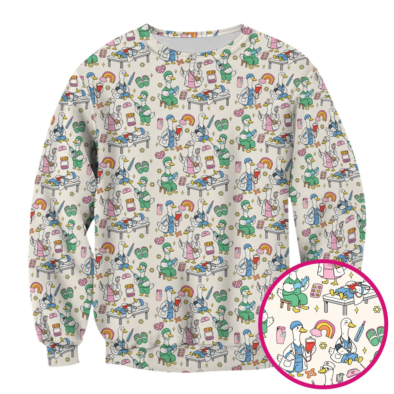 Funny Nurse Duck Medical Doodle Pattern Scrub Top, Comfortable Nurse Workwear Top