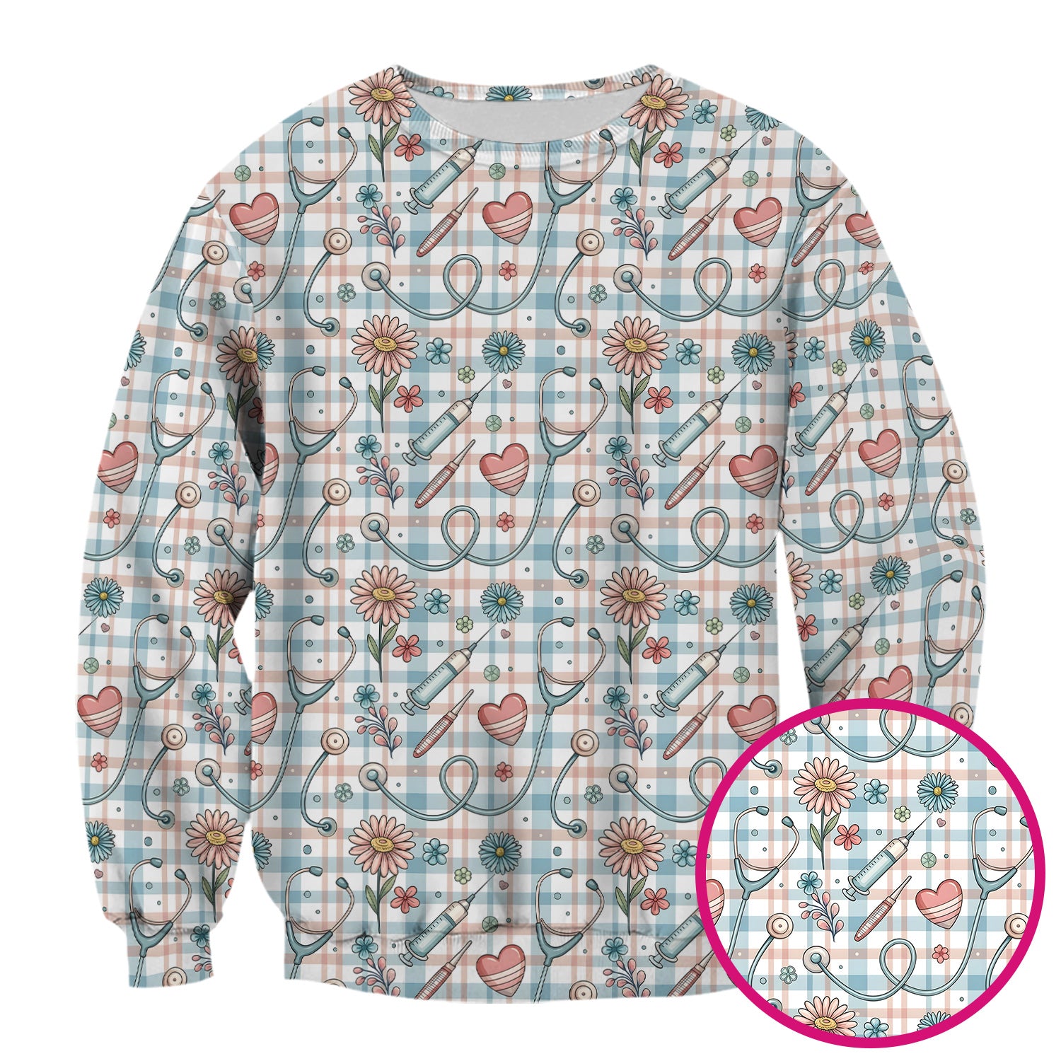 Stethoscope Heart Syringe Floral Plaid Pattern Scrub Top, Comfortable Scrubs for Nurses