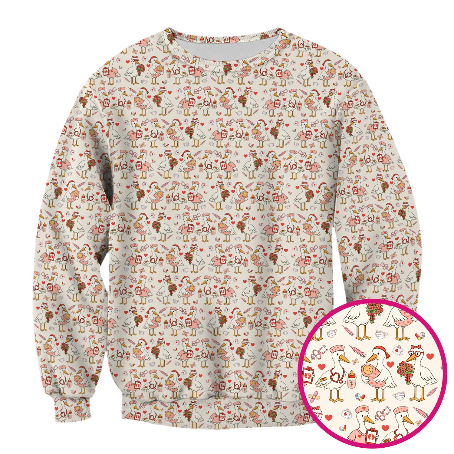 Cute Goose Nurse Valentine Pattern Scrub Top, Breathable Fabrics Nursing Uniform