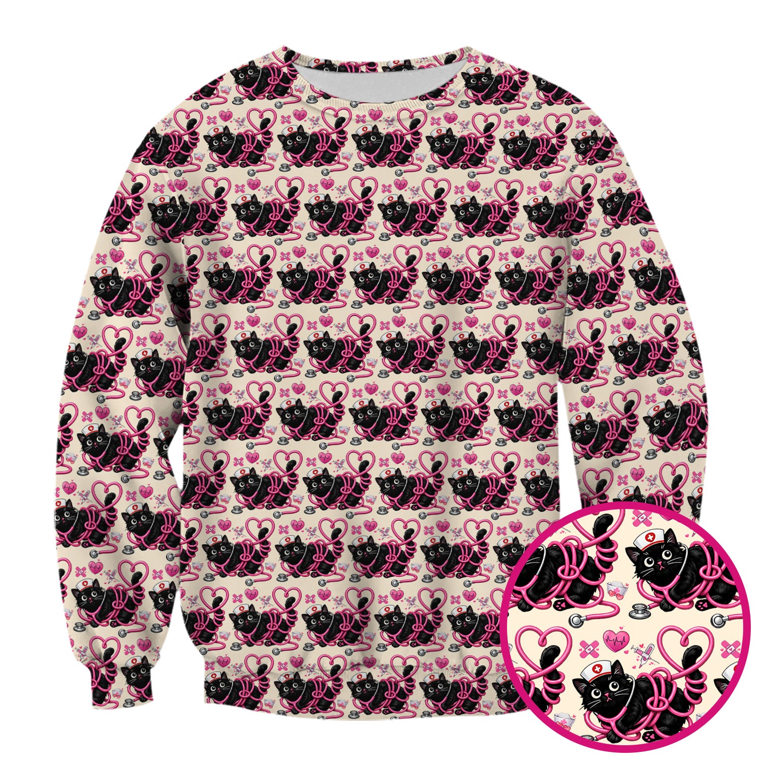 Valentine Cute Cat Nurse Heart Print Scrub Top, Comfortable Scrubs for Nurses