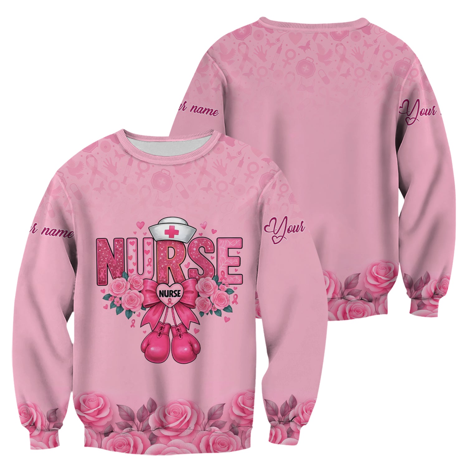 Personalized Breast Cancer Fighter Shirt - Pink Boxing Gloves & Rose Floral Design - Gift for RN LPN CNA