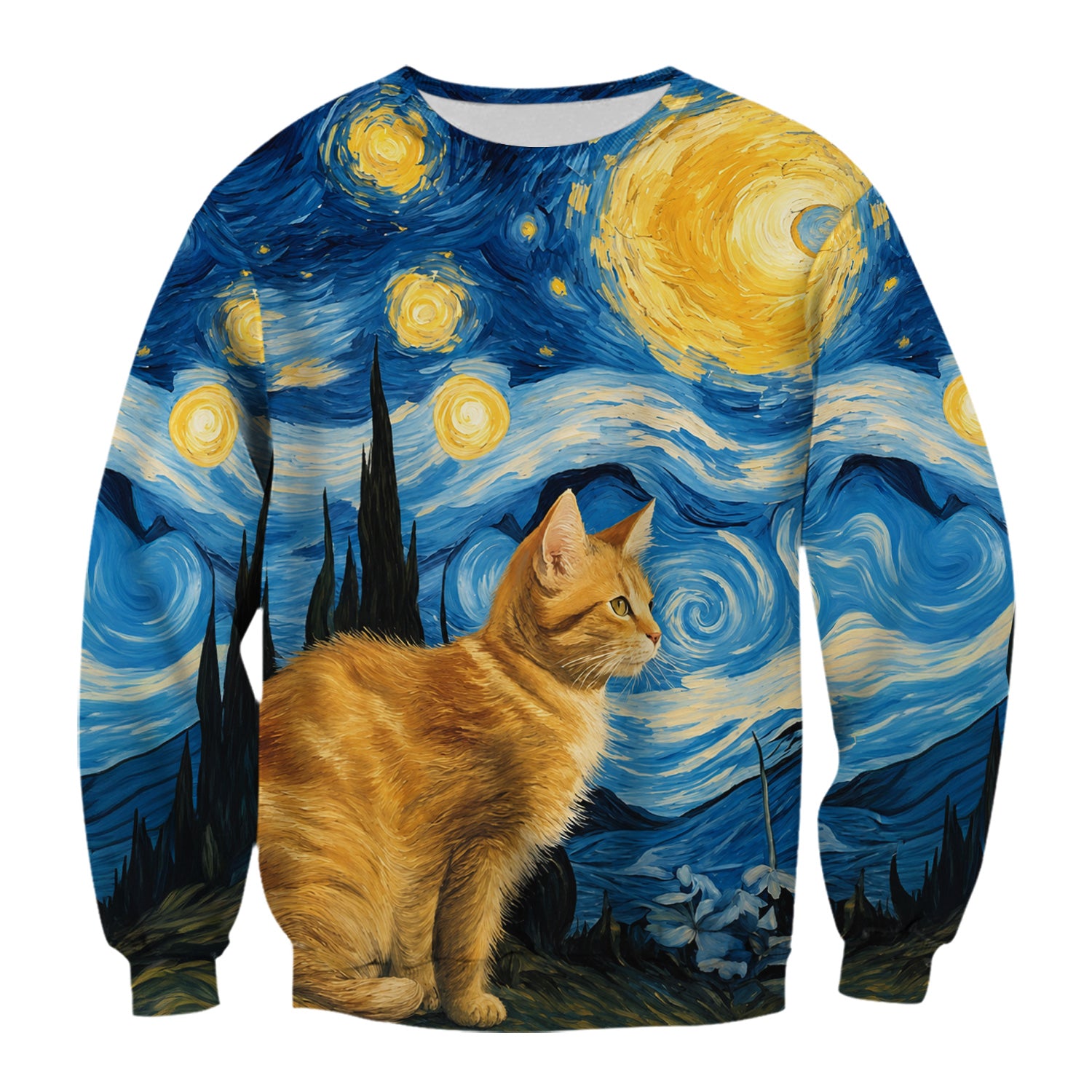 Swirling Moonlit Cat Scene Print Scrub Top, Comfortable Scrubs for Nurses