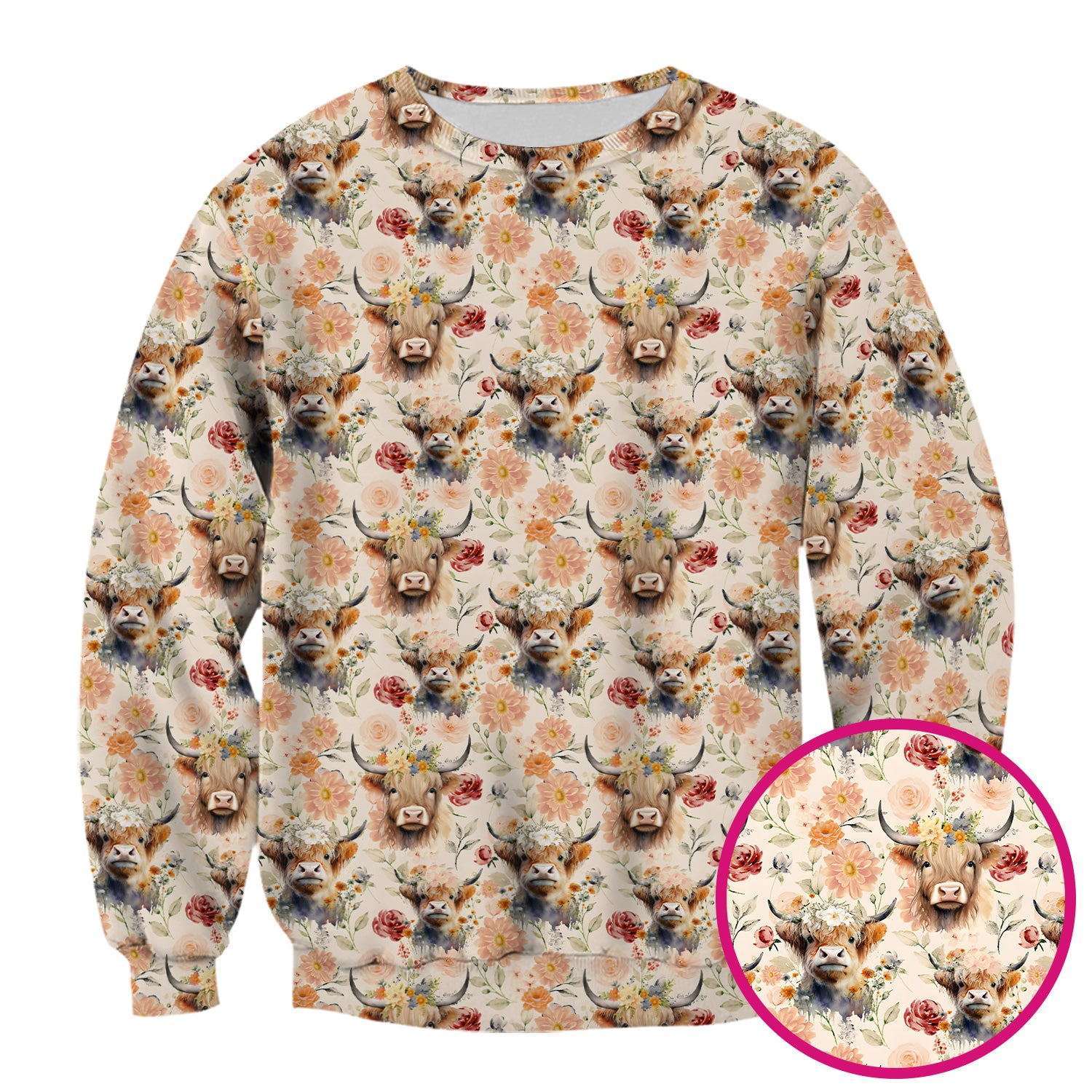 Cute Highland Cow Floral Pattern Scrub Top, Comfortable Scrubs for Nurses