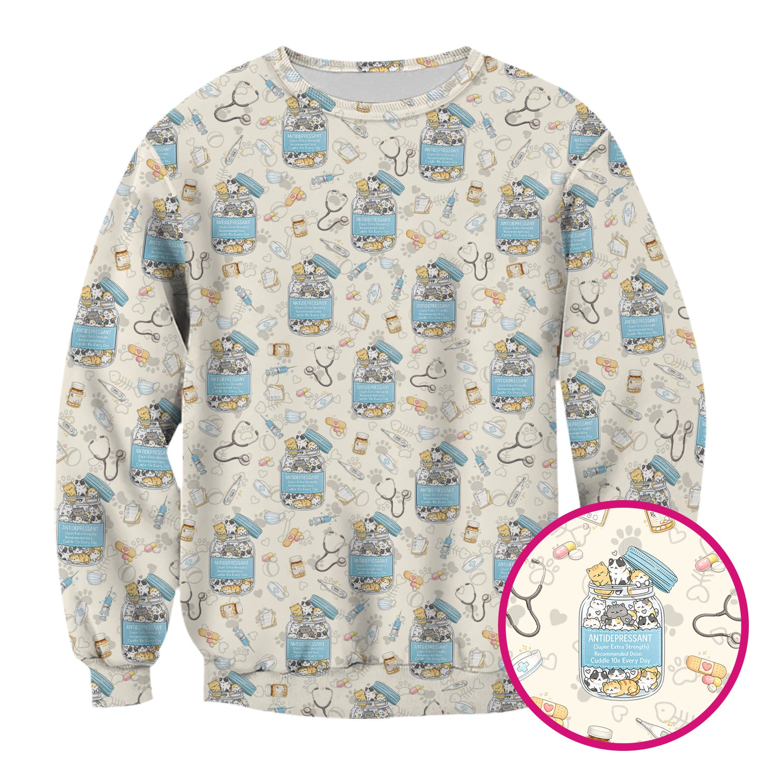 Cute Antidepressant Cat Jar Print Nurse Scrub Top, Breathable Fabrics Nursing Uniform