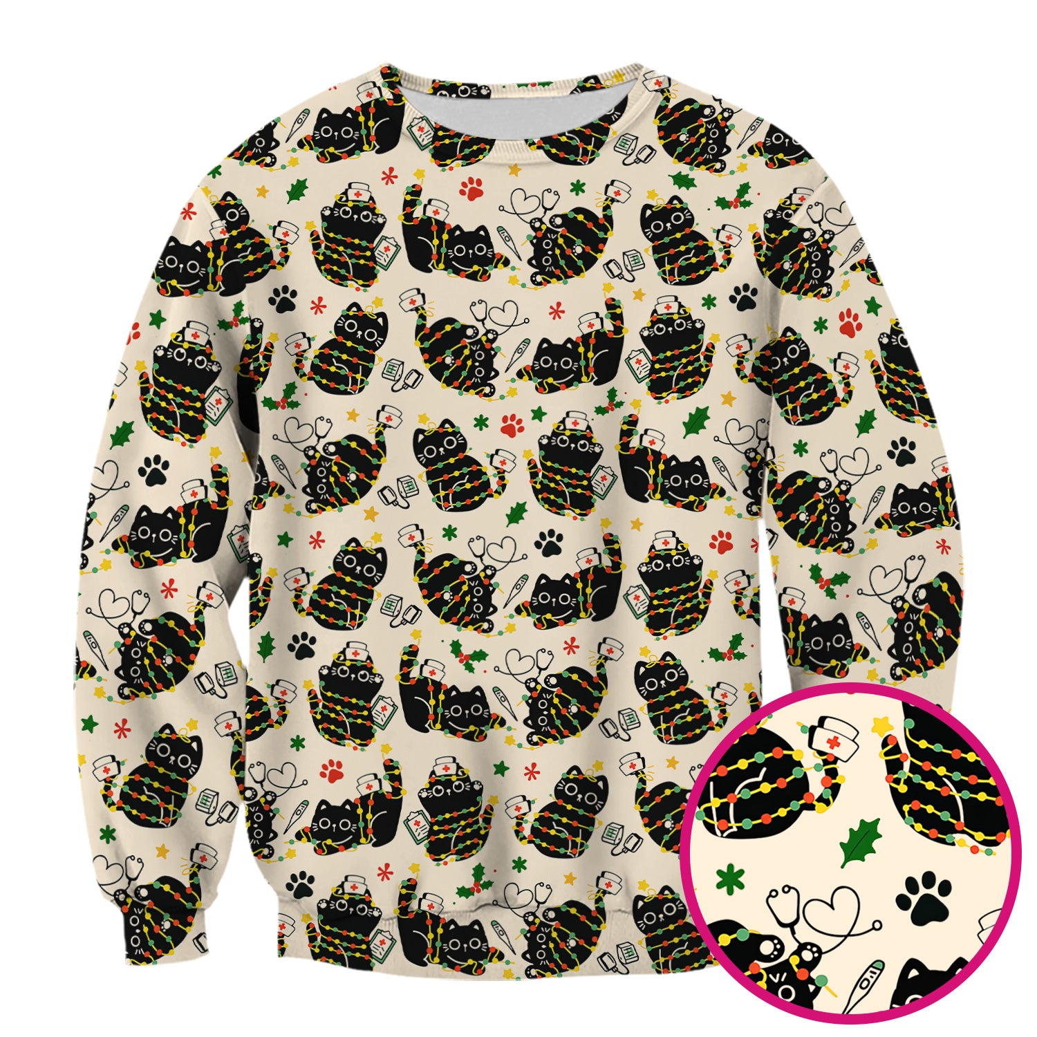 Black Cat Christmas Scrub Top – Nurse & Holiday Lights Pattern Shirt – Cute Medical Uniform For Nursing