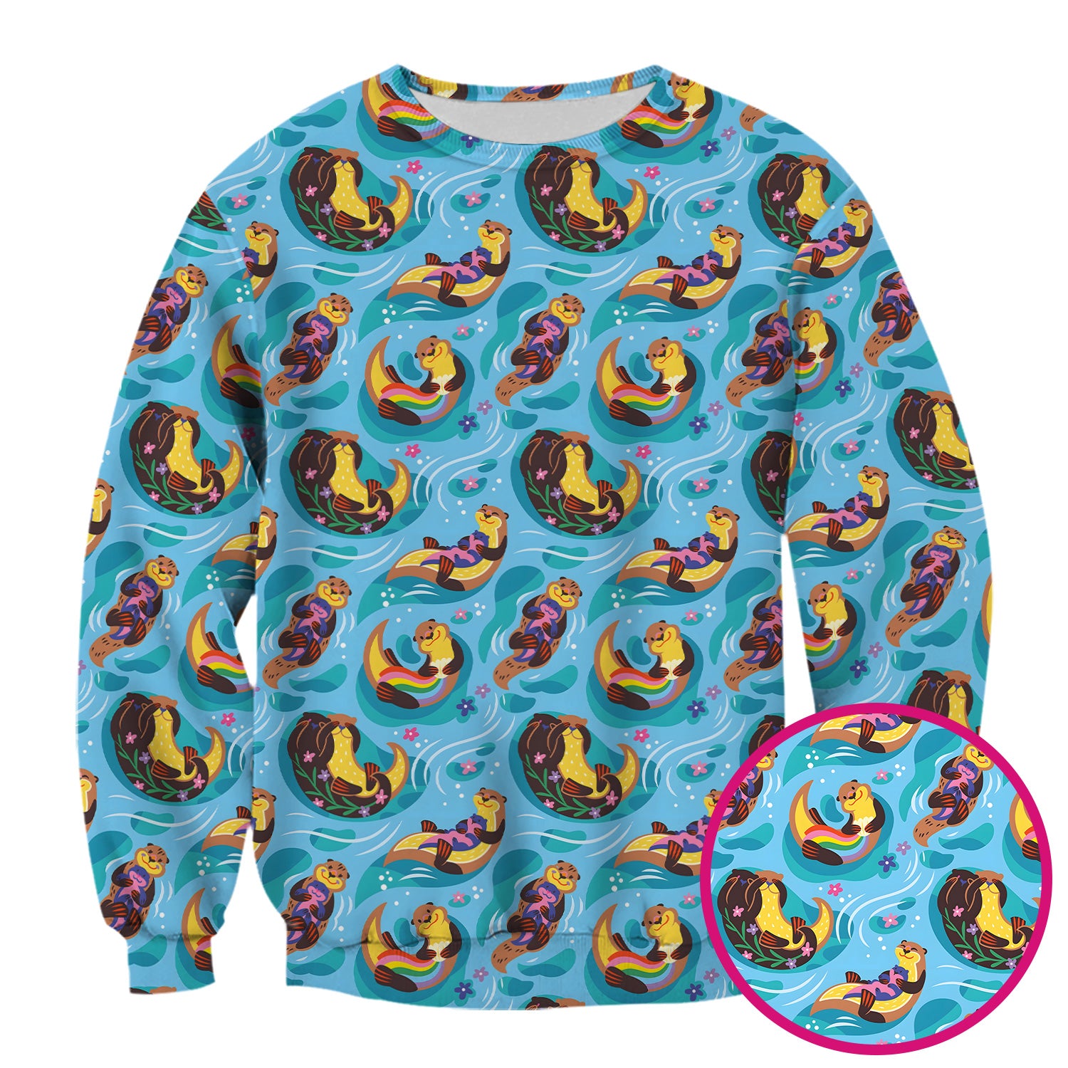 Otter Floating River Rainbow Pattern Scrub Top, Comfortable Scrubs for Nurses