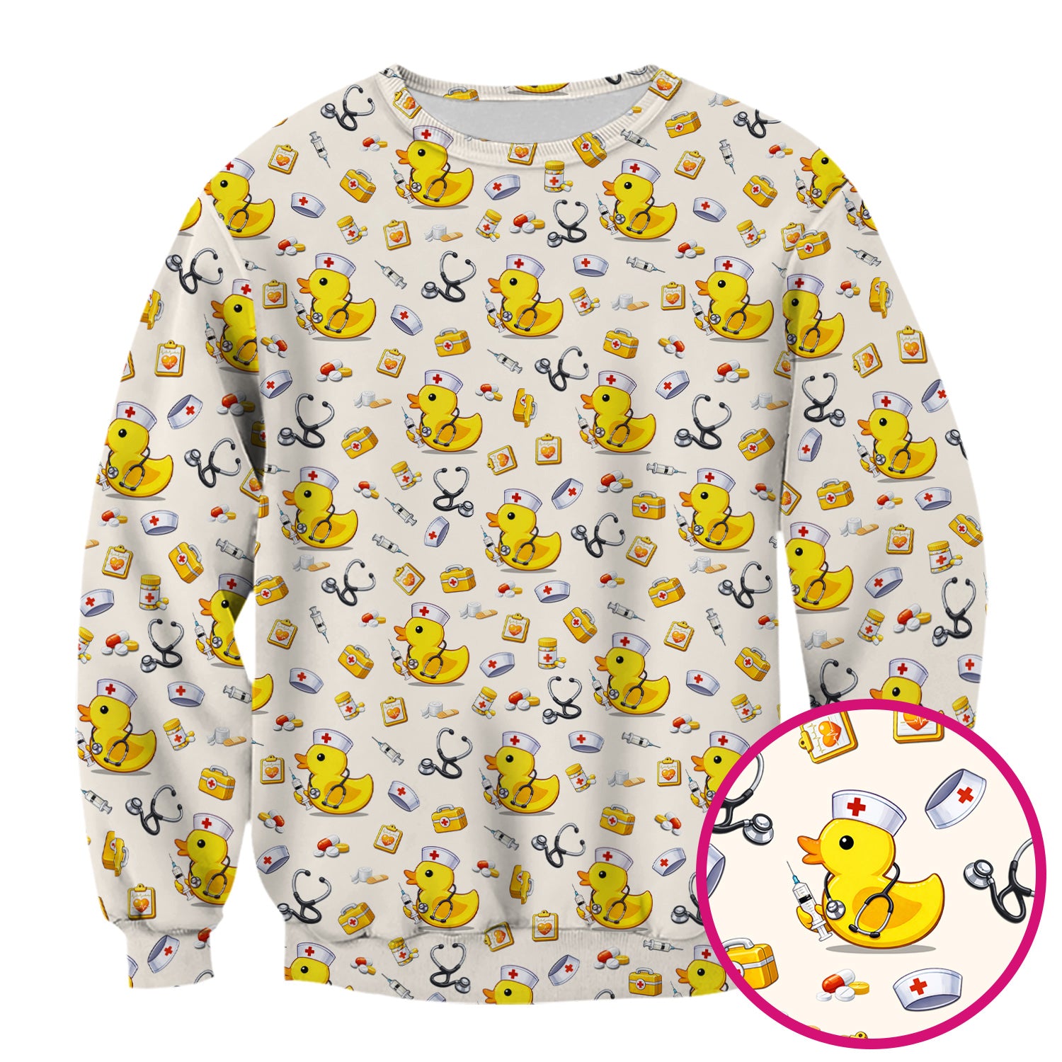 Playful Medical Duck Print Nurse Scrub Top, Comfortable Scrubs for Nurses