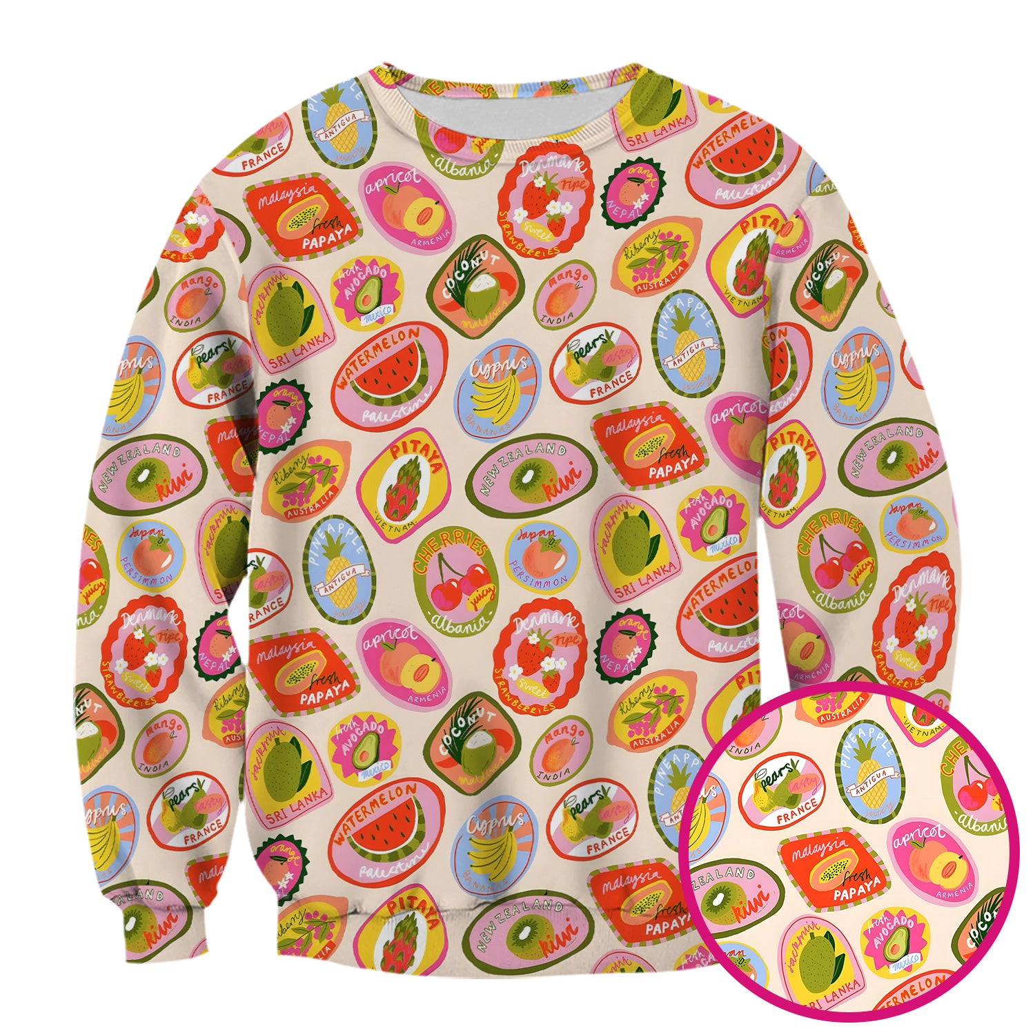 Summer Colorful Fruit Sticker Pattern Scrub Top, Comfortable Scrubs For Nurses