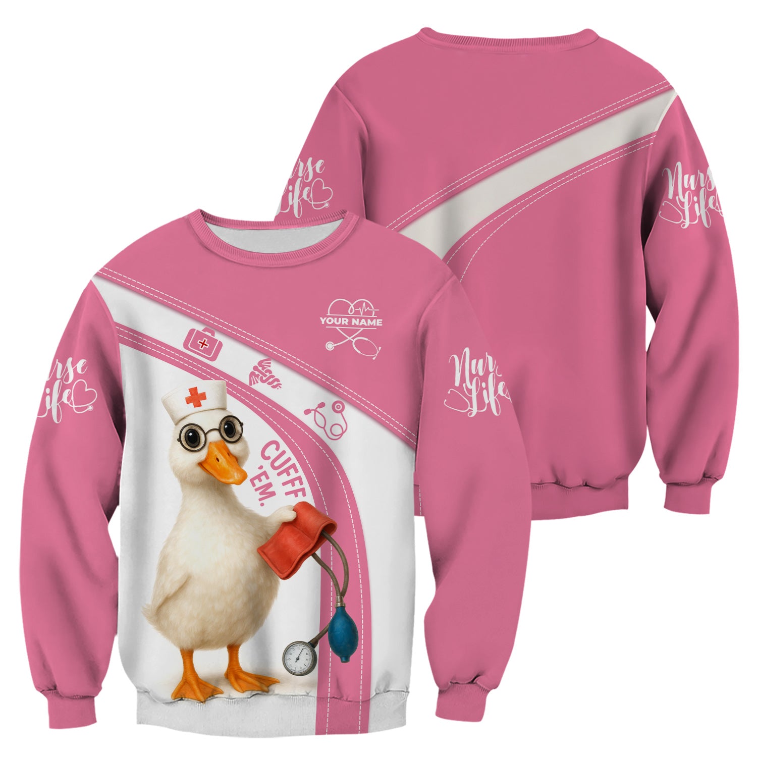 Personalized Nursing Humor Scrub for Women - Funny Duck with Stethoscope and Cuff Design - Custom Name Medical Gift for RN LPN CNA