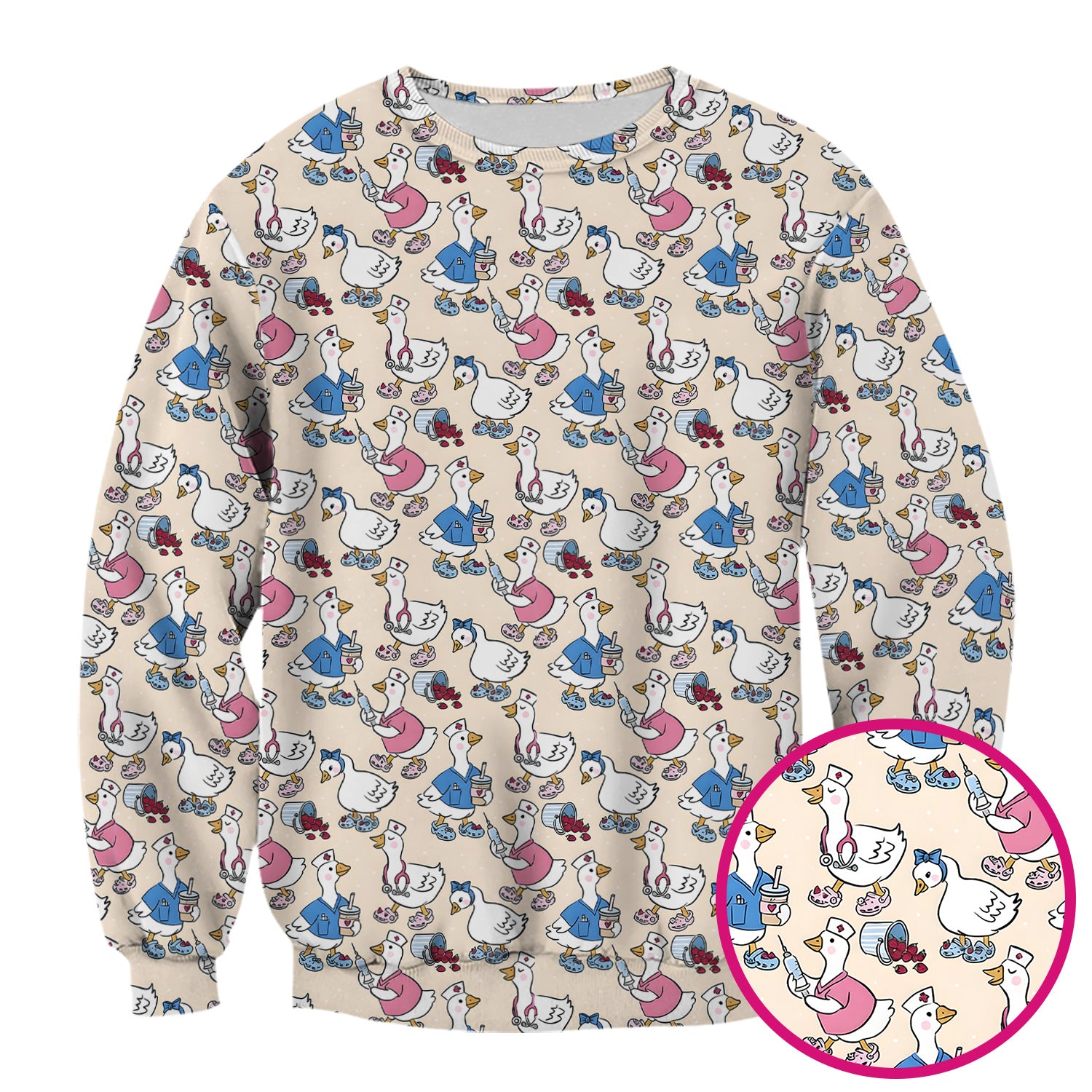 Cute Nurse Goose Cartoon Pattern Scrub Top, Comfortable Scrubs for Nurses