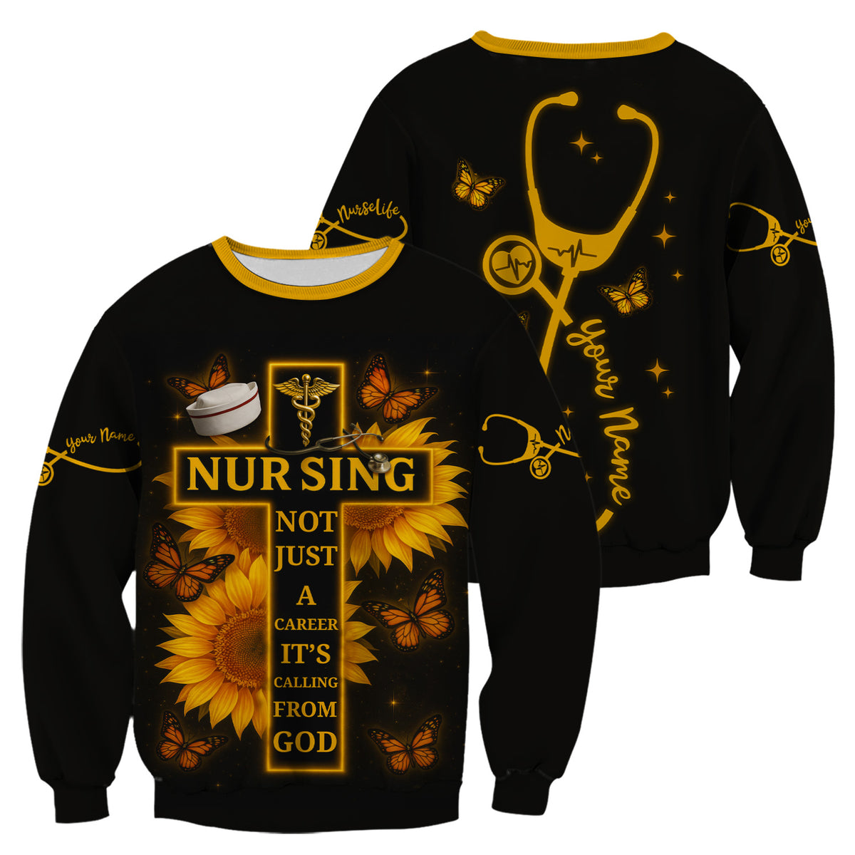 Personalized Nurse Faith Scrub Top - Religious RN CNA LPN Work Shirt - Custom Gift for Nurses Healthcare Workers with Sunflower Butterfly
