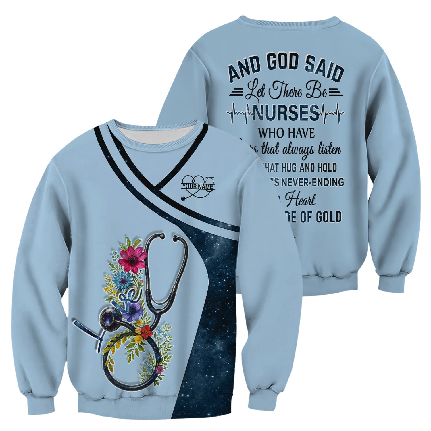 Personalized Nurse Love T-Shirt - Floral Stethoscope Galaxy Design - Custom Gift for RN LPN CNA Healthcare Workers