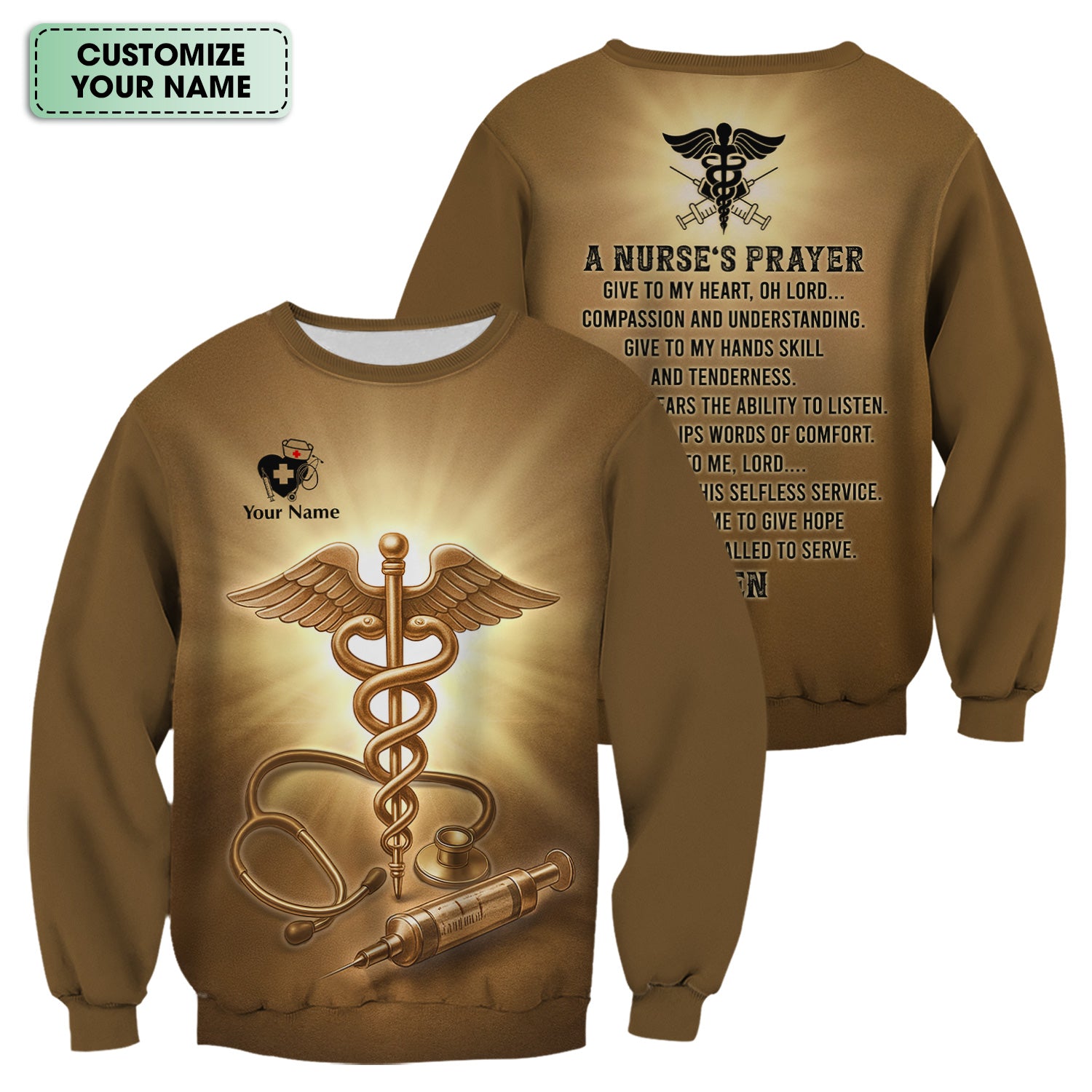 Personalized Christian Nurse Prayer Shirt - A Nurse's Prayer & Caduceus Symbol Graphic Tee - Gift for RN LPN CNA