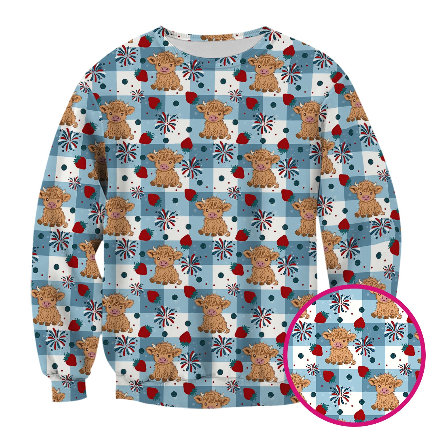 Highland Cow Strawberry Firework Gingham Pattern Scrub Top, Comfortable Scrubs for Nurses