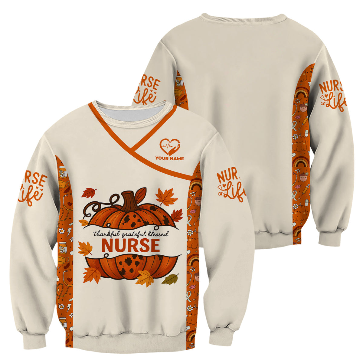 Thankful Grateful Blessed Nurse Scrub Top - Fall Pumpkin Thanksgiving Shirt - Personalized Autumn Gift for Women RN CNA LPN