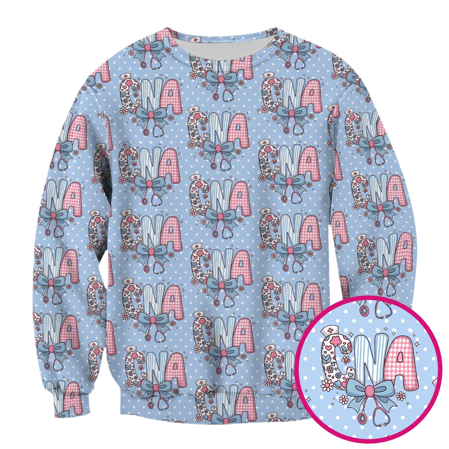 Cute CNA Floral Bow Pattern Scrub Top, Breathable Fabrics Nursing Uniform