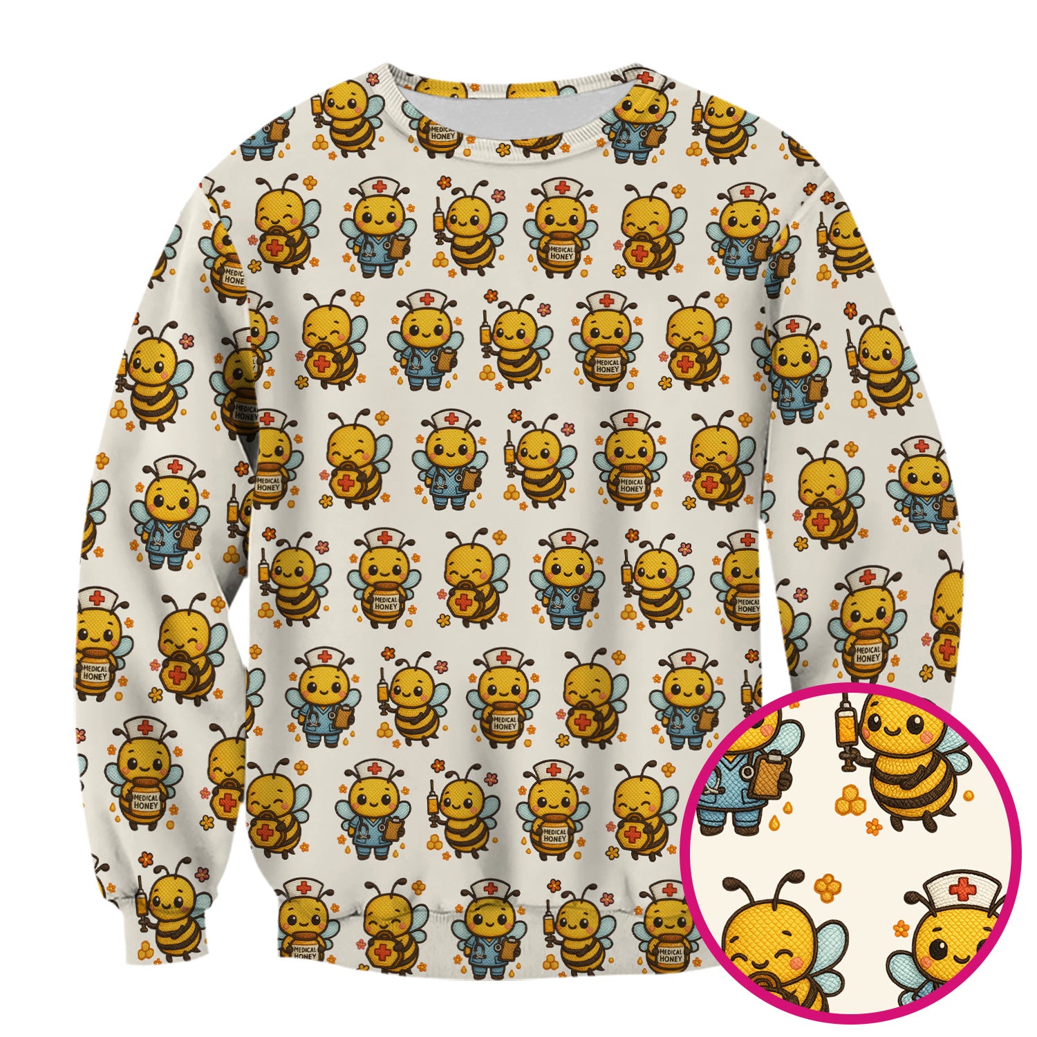 Cute Nurse Bee Scrub Top, Kawaii Medical Honey Bee Pattern Shirt for Nursing Professionals
