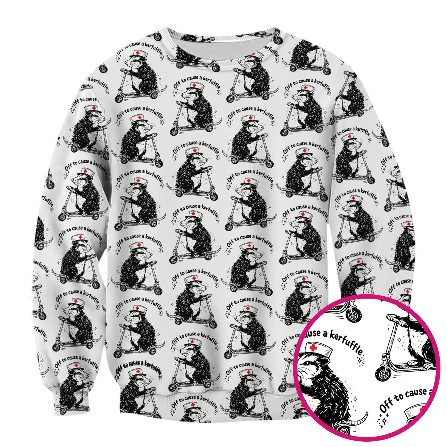 Funny Opossum Nurse Riding Scooter Pattern Scrubs Top, Breathable Fabrics Nursing Uniform