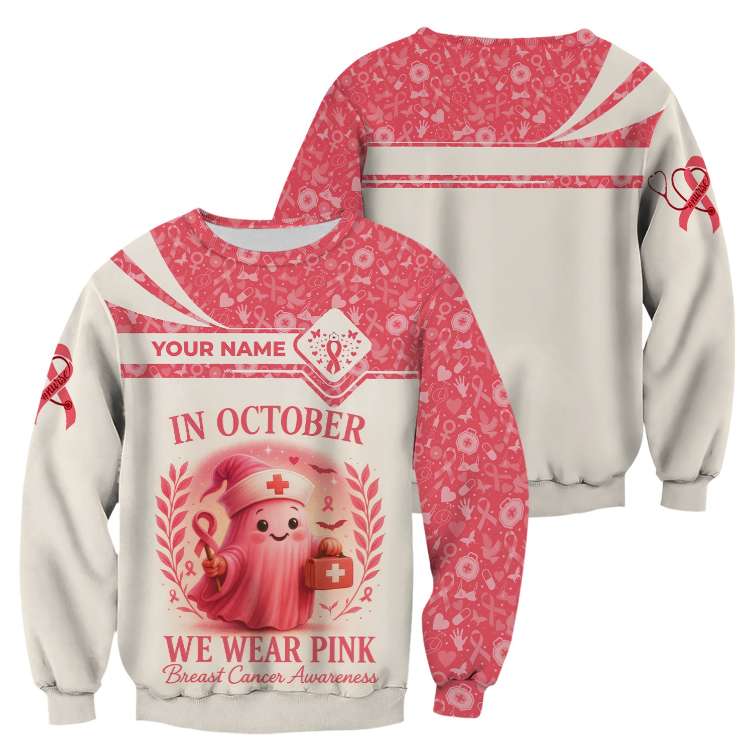 Personalized In October We Wear Pink Shirt - Breast Cancer Awareness Scrub Top - Cute Nurse Uniform Tee with Custom Name