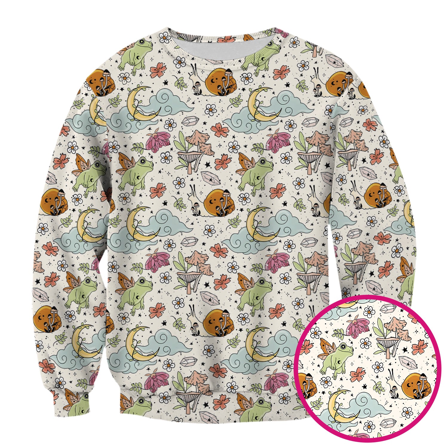 Whimsical Frog Moon Mushroom Pattern Scrub Top, Fantasy Nature Print, Breathable Fabrics Nursing Uniform