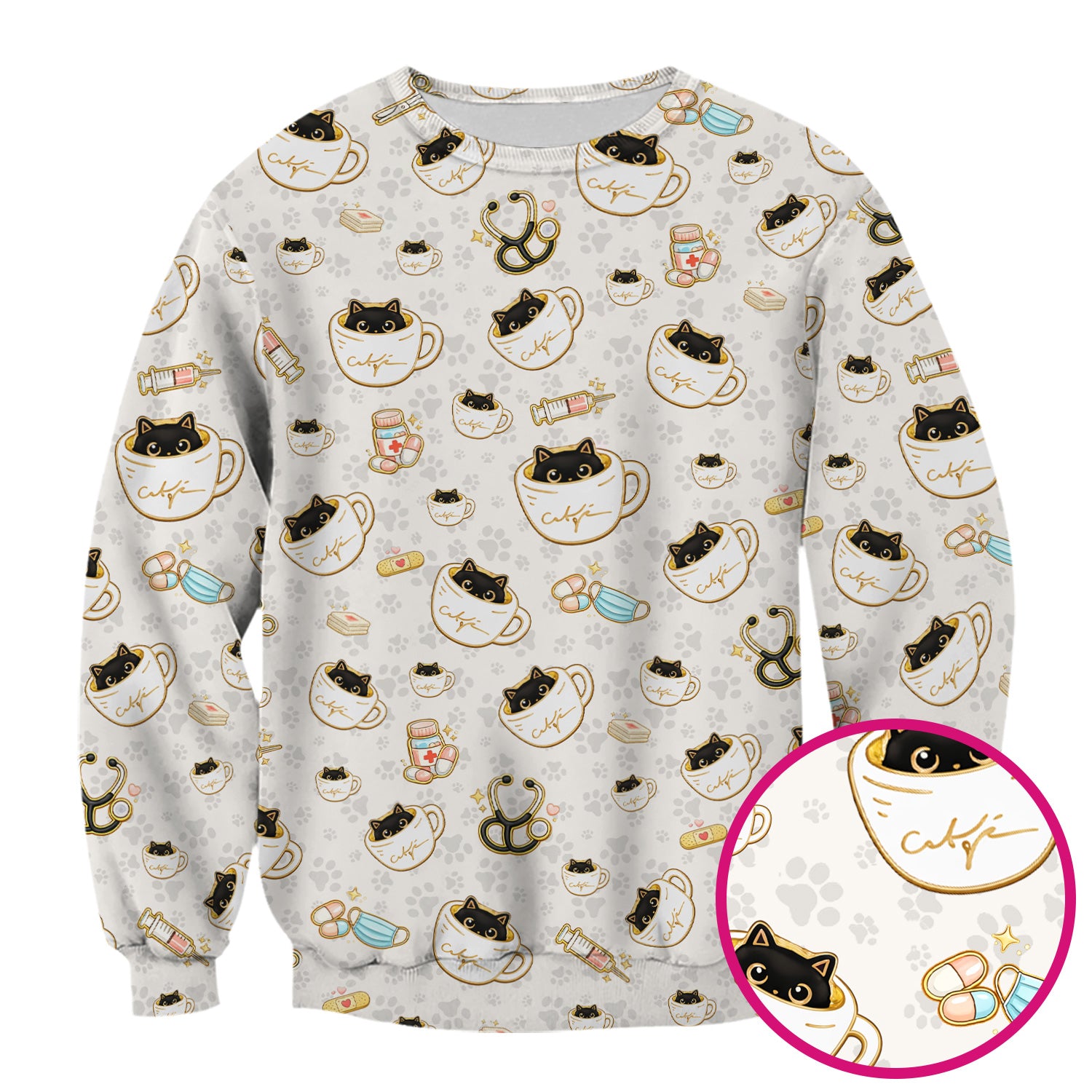 Cute Coffee Cat Medical Print Scrub Top, Breathable Fabrics Nursing Uniform