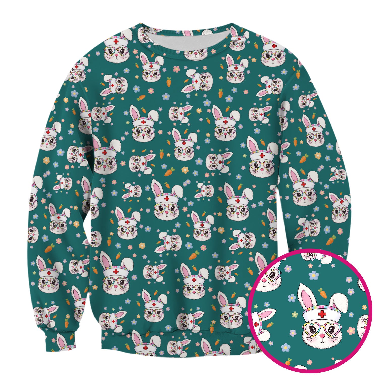 Cute Easter Bunny Nurse Pattern Scrub Top, Breathable Fabrics Nursing Uniform