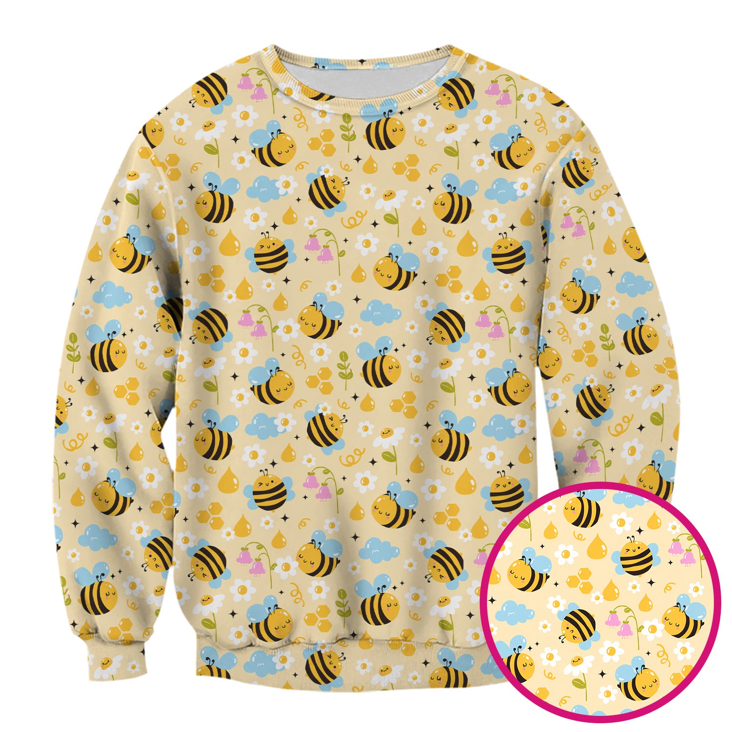 Honey Bee Flower Cloud Pattern Scrub Top, Breathable Fabrics Nursing Uniform