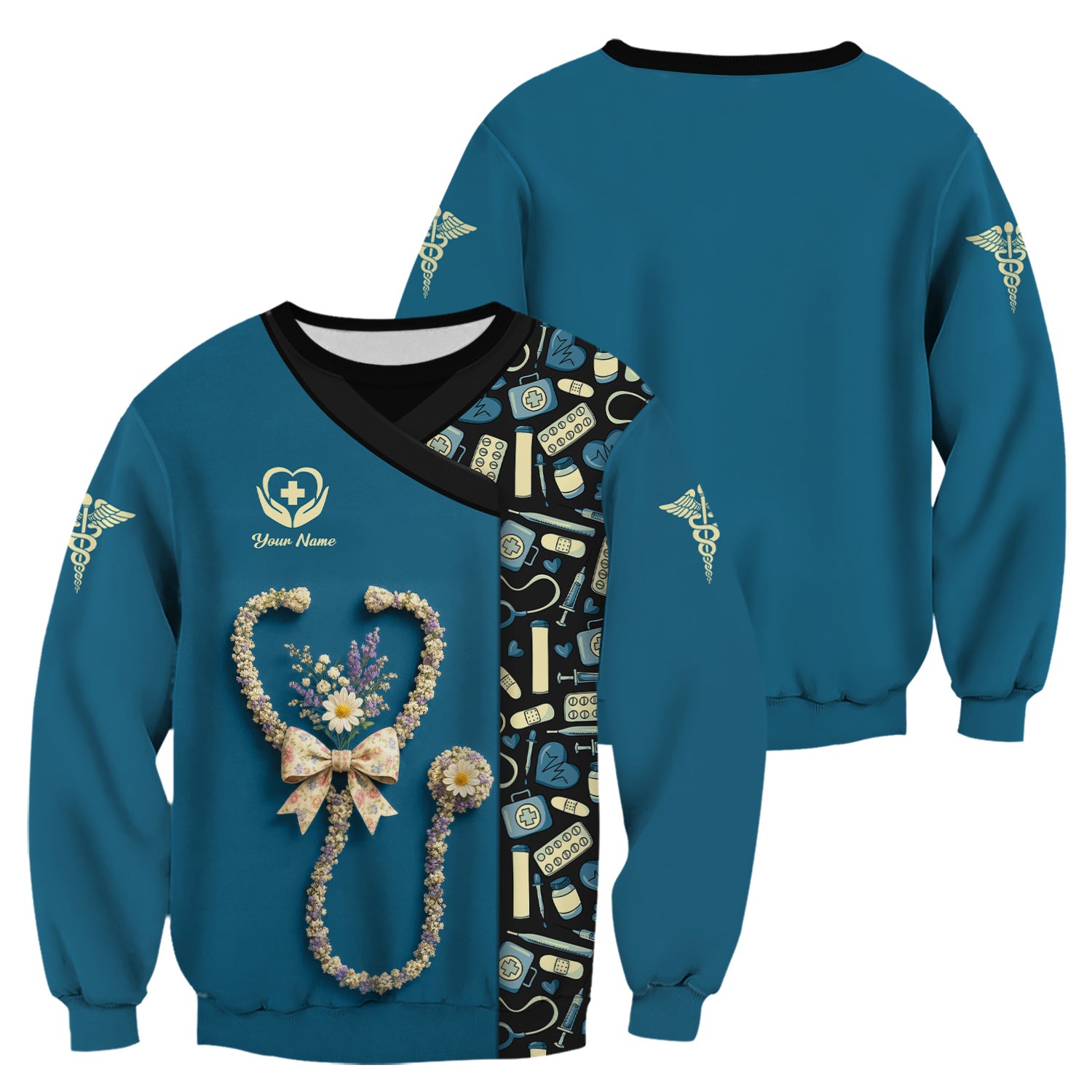 Colorful Nurse Scrubs for Women RN CNA LPN - Inspirational Floral Stethoscope Top with Heart Design - Gift for Healthcare Workers with Custom Name