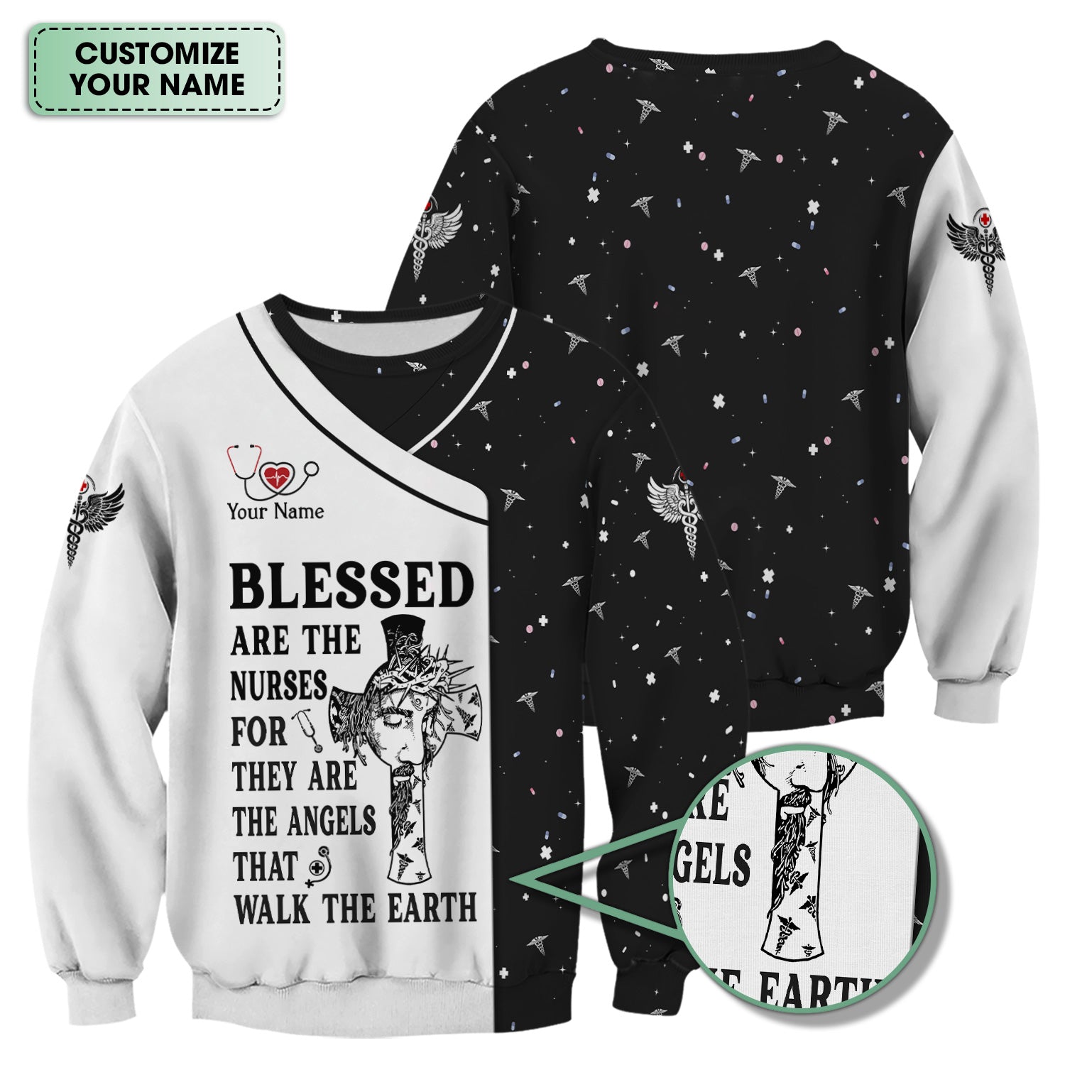 Personalized Christian Nurse Scrub Top - Jesus Cross & Angels That Walk The Earth Quote - Gift for Women RN LPN