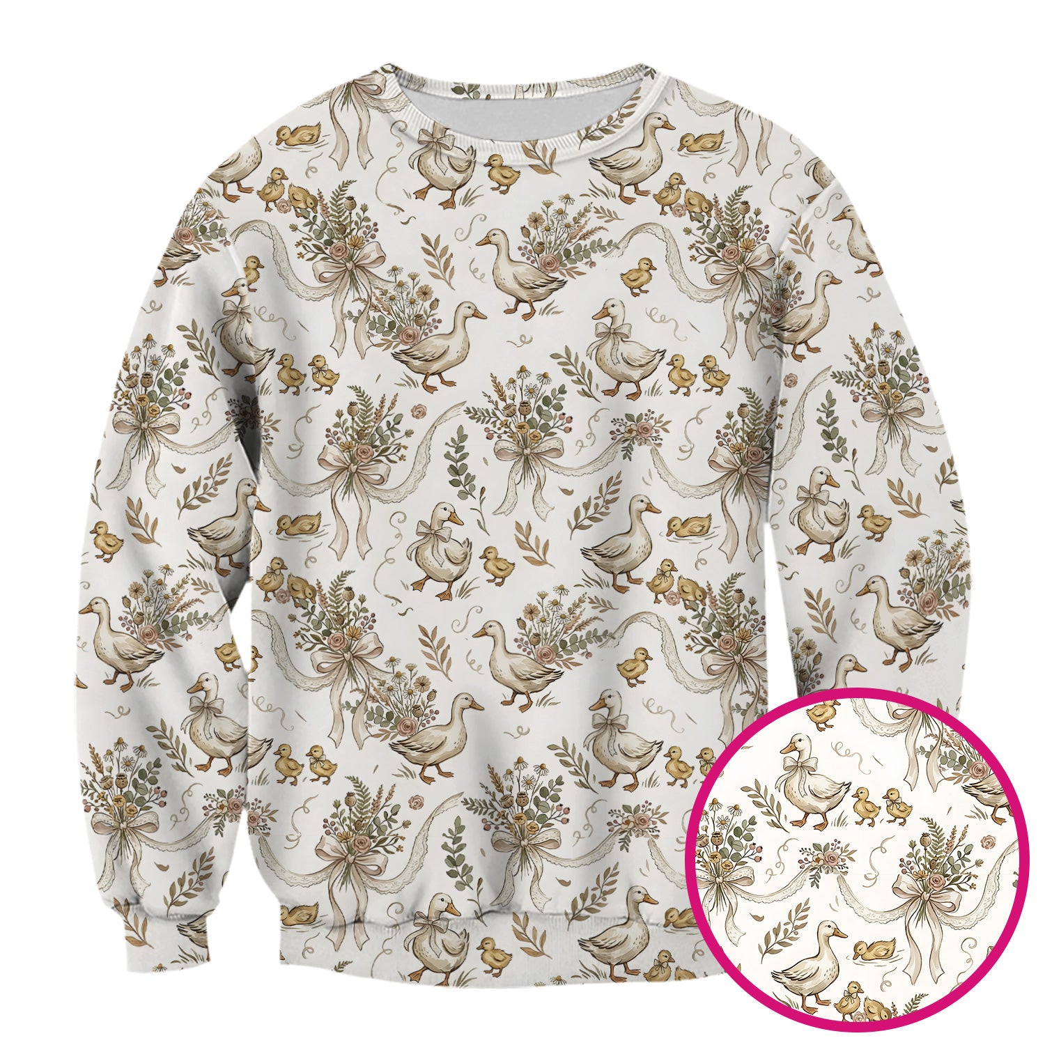 Vintage Duck Family Ribbon Floral Pattern Nurse Scrub Top, Breathable Fabrics Nursing Uniform