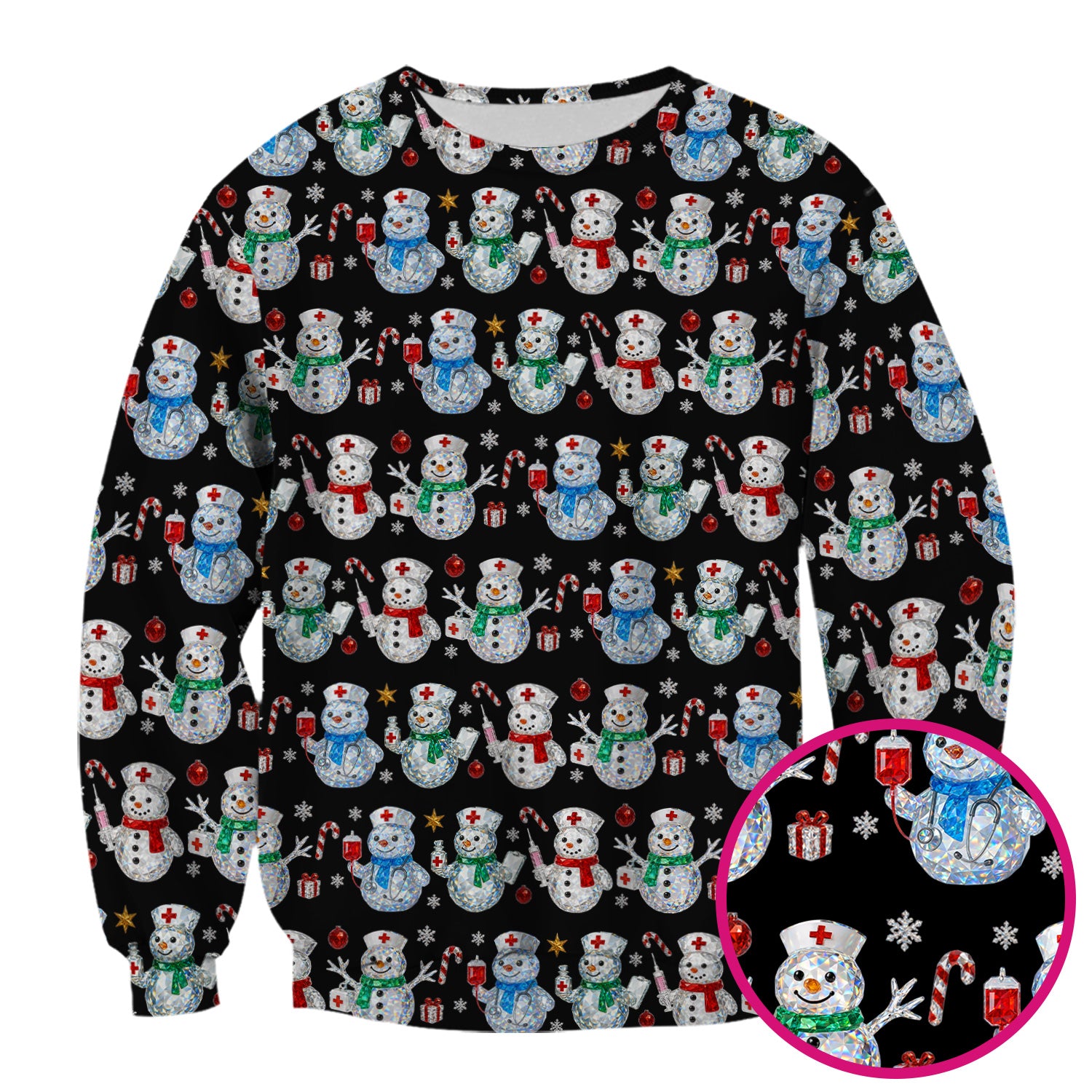 Nurse Snowman Christmas Scrub Top, Cute Holiday Medical Pattern Shirt For Women, Winter Snowflake Nursing Uniform