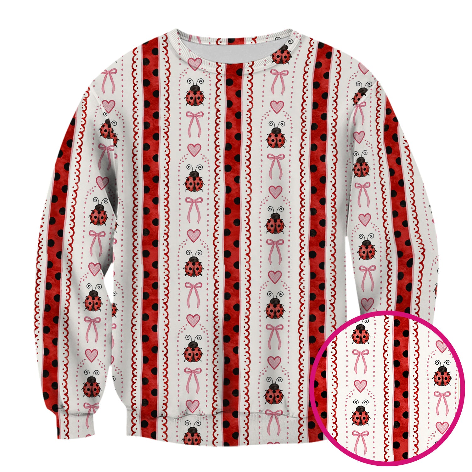 Cute Ladybug Heart Bow Stripe Pattern Scrub Top, Red Polka Dot Nurse Uniform