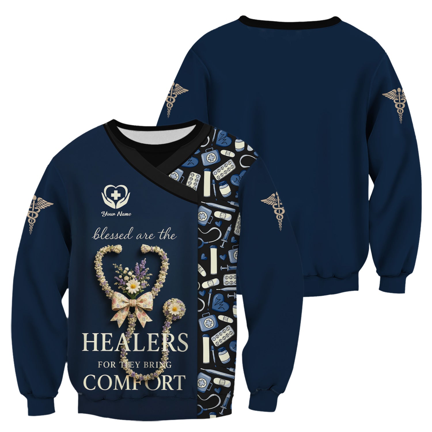Personalized Blessed Healer Scrubs for Women RN CNA LPN - Floral Heart Stethoscope Design with Inspirational Quote - Custom Name Gift for Healthcare Workers & Nurses