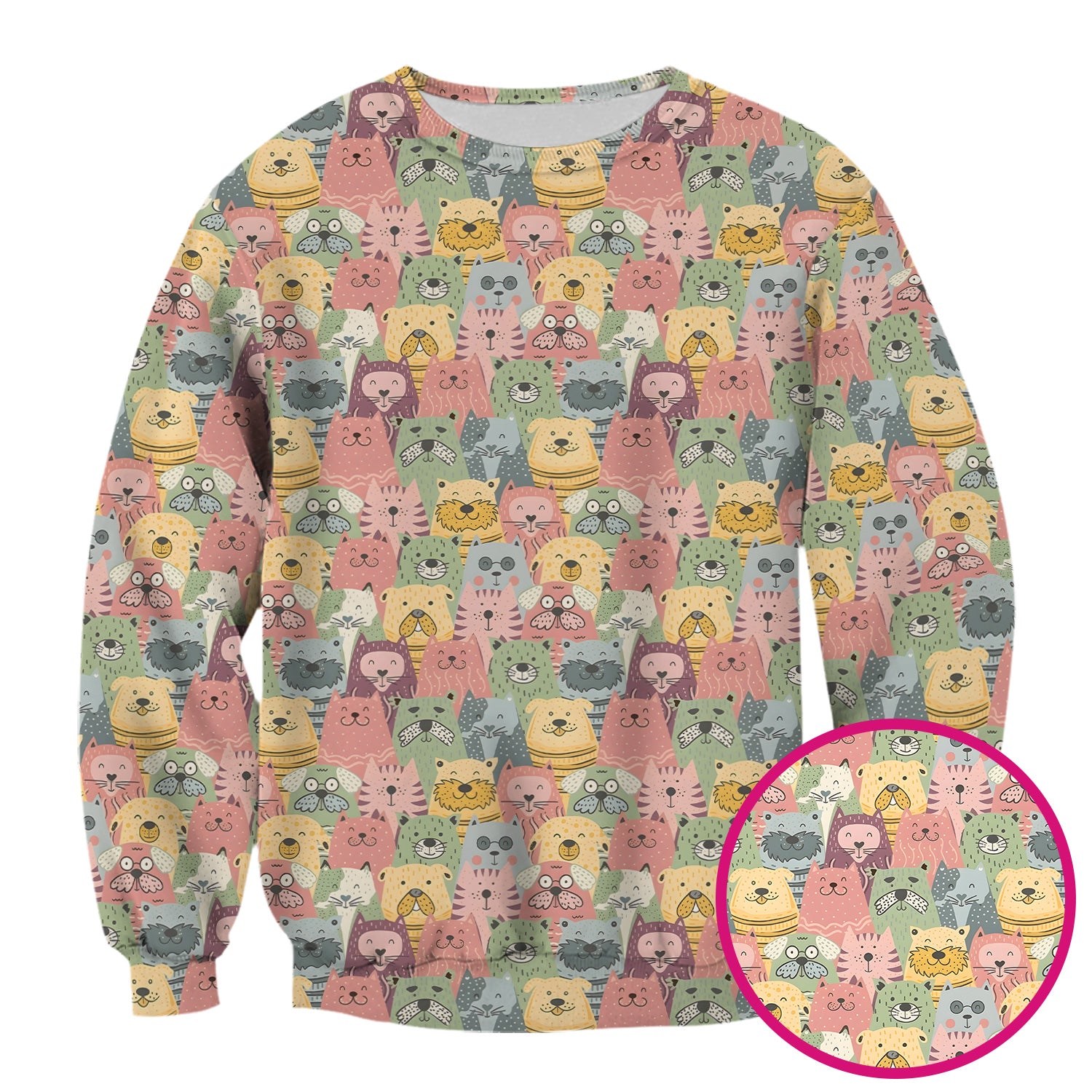 Cartoon Cat & Dog Faces Pattern Scrub Top, Comfortable Scrubs for Nurses