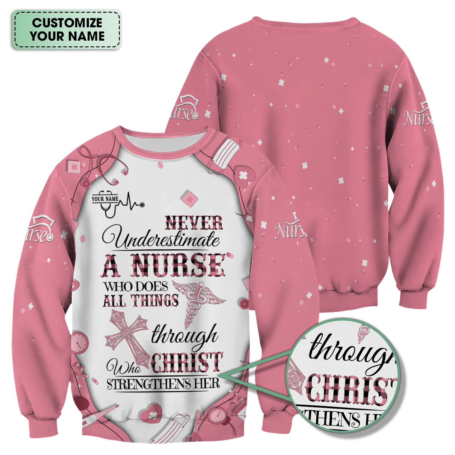 Faith-Based Personalized Nursing Scrub for Women - Bible Verse All Things Through Christ - Gift for RN, LPN, CNA Healthcare Professionals